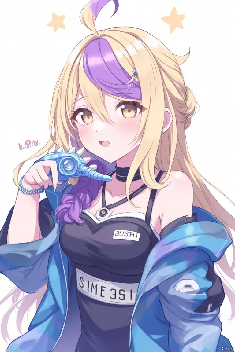 1girl, blue jacket, long hair, yellow eyes, long sleeves, arm tattoo, black camisole, breasts, eyepatch lift, white background, streaked hair, jacket, smile, single braid, tongue out, gloves, character name, virtual youtuber, finger gun, closed mouth, braid, looking at viewer, camisole, ear piercing, blonde hair, multicolored hair, shirt, hair bun, piercing, :p, purple hair, fingerless gloves, tattoo, chain, black shirt, black gloves, official alternate costume, star \(symbol\), two-tone hair, off shoulder, single side bun, solo, cone hair bun, upper body, tongue, jacket partially removed, collar 