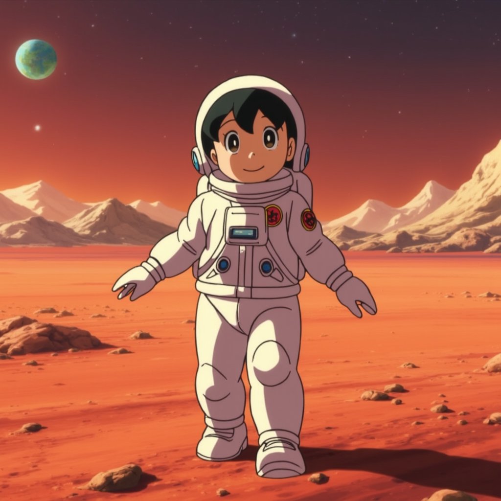 minamoto shizuka,cowboy shot, 1girl, solo, smile, Girl in a spacesuit stepping onto the surface of Mars, Earth visible in the distance, vast red landscape, futuristic colony in the background, sense of wonder and exploration, epic sci-fi scene, hyper-realistic detail, child,

masterpiece, perfect face, best quality, beautiful eyes, shiny eyes, anime coloring, anime screencap, absurdres, award winning,masterpiece, perfect face, best quality, beautiful girl, cute girl, beautiful eyes, shiny eyes, anime coloring, anime screencap, absurdres,