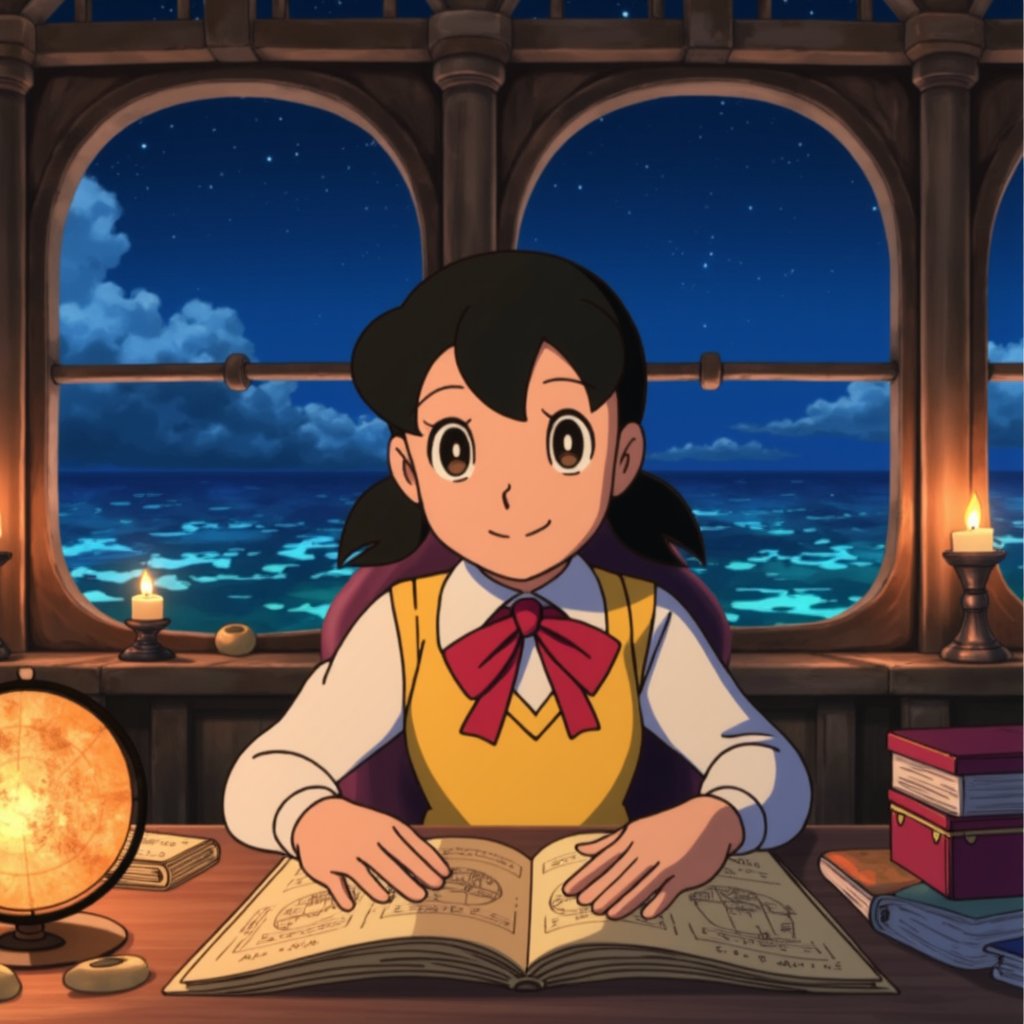 minamoto shizuka, smile, Teenage girl navigator studying ancient maps in a grand ship's cabin, surrounded by nautical instruments, glowing globe, and exotic artifacts, warm candlelight, tall windows showing a starry night sky and phosphorescent sea, sense of adventure and discovery, child,

masterpiece, perfect face, best quality, beautiful eyes, shiny eyes, anime coloring, anime screencap, absurdres, award winning,masterpiece, perfect face, best quality, beautiful girl, cute girl, beautiful eyes, shiny eyes, anime coloring, anime screencap, absurdres,