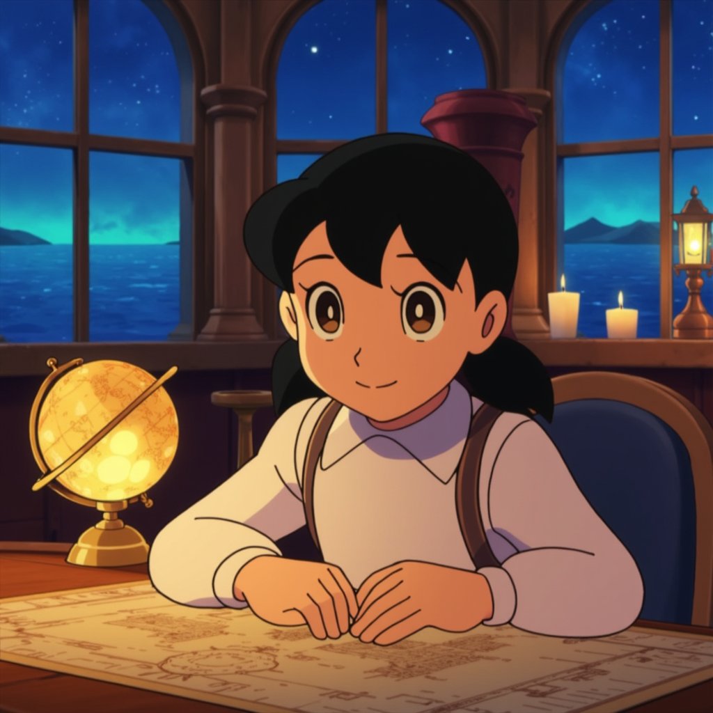 minamoto shizuka, smile, Teenage girl navigator studying ancient maps in a grand ship's cabin, surrounded by nautical instruments, glowing globe, and exotic artifacts, warm candlelight, tall windows showing a starry night sky and phosphorescent sea, sense of adventure and discovery, child,

masterpiece, perfect face, best quality, beautiful eyes, shiny eyes, anime coloring, anime screencap, absurdres, award winning,masterpiece, perfect face, best quality, beautiful girl, cute girl, beautiful eyes, shiny eyes, anime coloring, anime screencap, absurdres,