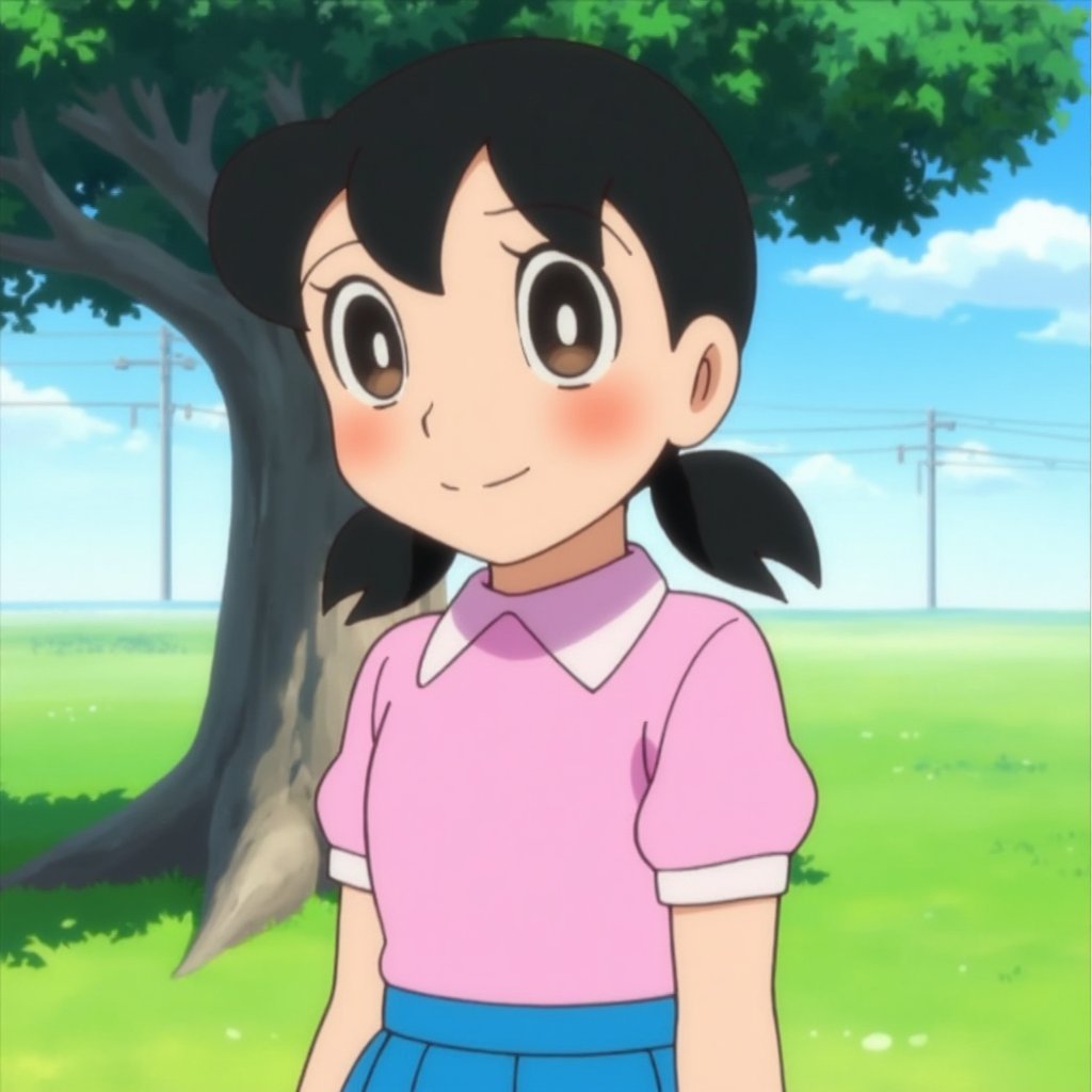 minamoto shizuka,1girl, solo, low twintails, black hair, skirt, smile, outdoors, shirt, blue skirt, looking at viewer, black eyes, pleated skirt, short sleeves, pink shirt, blush, closed mouth, day, tree, collared shirt, upper body, grass,

masterpiece, perfect face, best quality, beautiful eyes, shiny eyes, anime coloring, anime screencap, absurdres, award winning,masterpiece, perfect face, best quality, beautiful girl, cute girl, beautiful eyes, shiny eyes, anime coloring, anime screencap, absurdres,