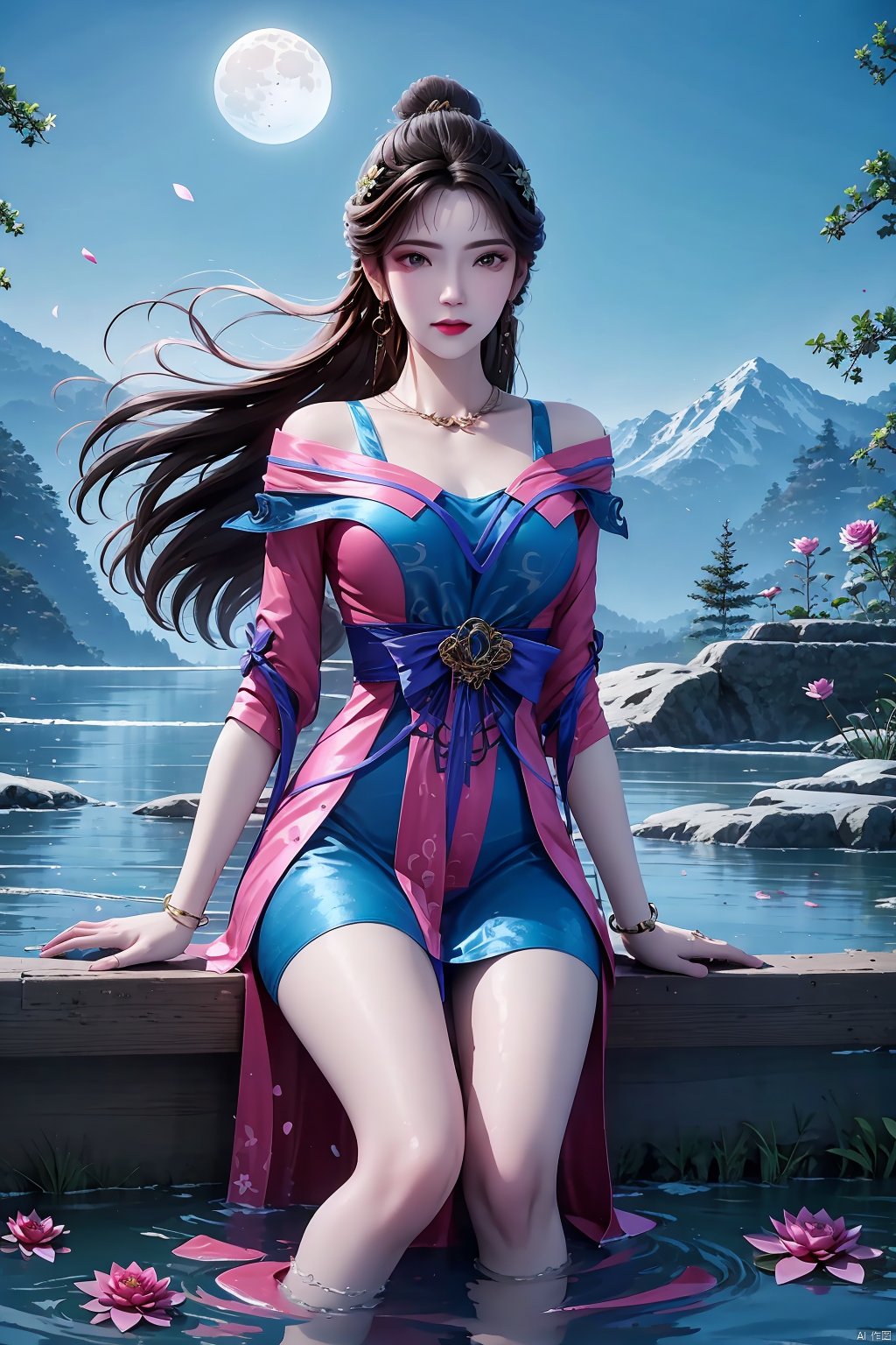 1girl, solo, long hair, looking at viewer, brown hair, black hair, dress, jewelry, sitting, flower, earrings, sky, water, necklace, bracelet, night, blue dress, moon, pink dress, night sky, mountain, soaking feet, lotus