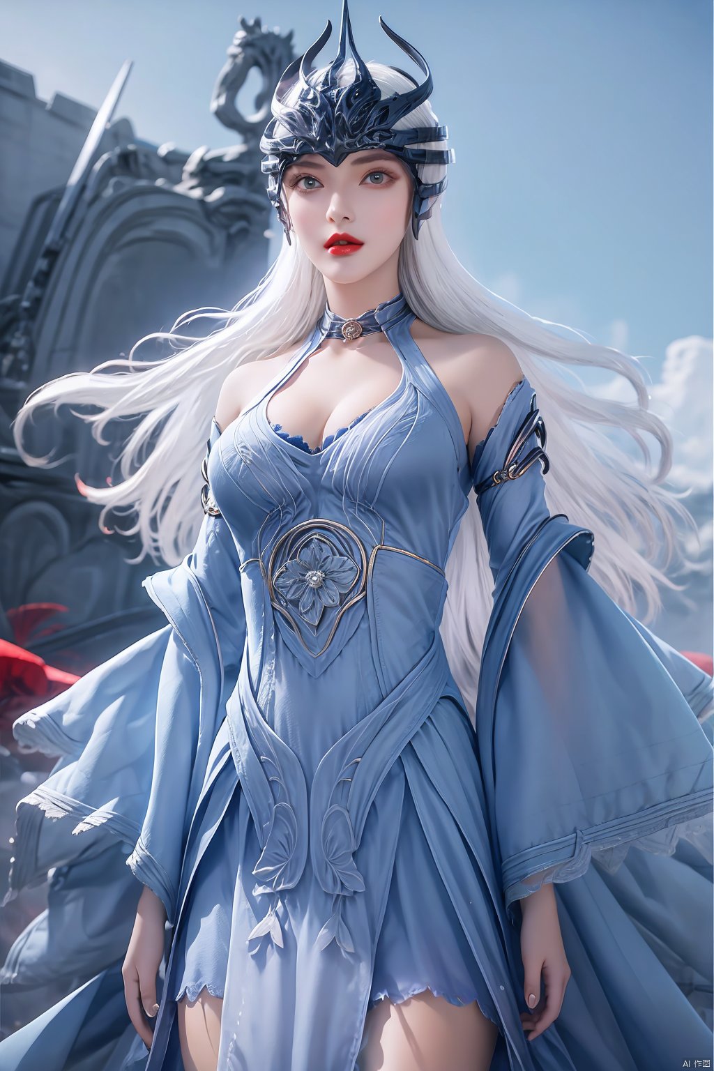 1girl, solo, long hair, breasts, dress, cleavage, medium breasts, standing, white hair, detached sleeves, lips, clothing cutout, blue dress, helmet, stairs, realistic, red lips