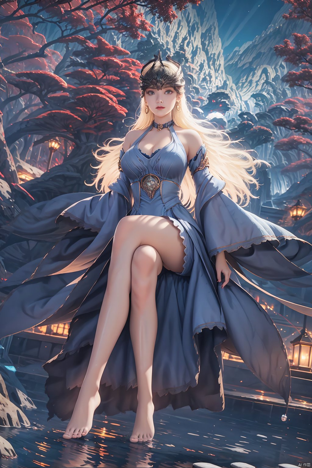 1girl, solo, long hair, breasts, looking at viewer, blue eyes, blonde hair, large breasts, dress, cleavage, bare shoulders, jewelry, sitting, closed mouth, full body, earrings, detached sleeves, barefoot, wide sleeves, water, feet, tree, bare legs, toes, night, blue dress, crossed legs, stairs