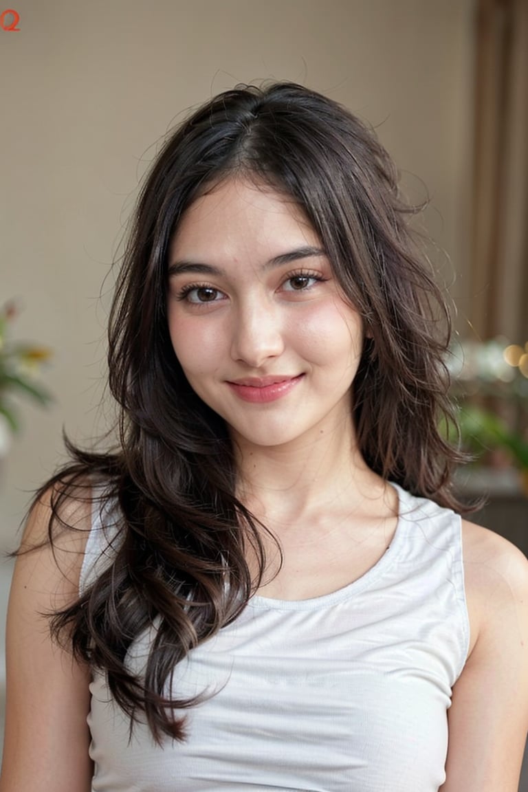 20 Years Old , Exotic Face , Detailed Body , Detailed Face , Perfect Makeup , Best Quality , Female , Look at Viewer , White Tshirt , Gorgeous , ((Long Hair)) , The Modern Futuristic Living Room Background , ((Centre:1.1)) , Sleeveless , Broken Heart Face Expression , Perfect Lighting , ((Perfect Potrait)) , (Bokeh), smile, looking at viewer