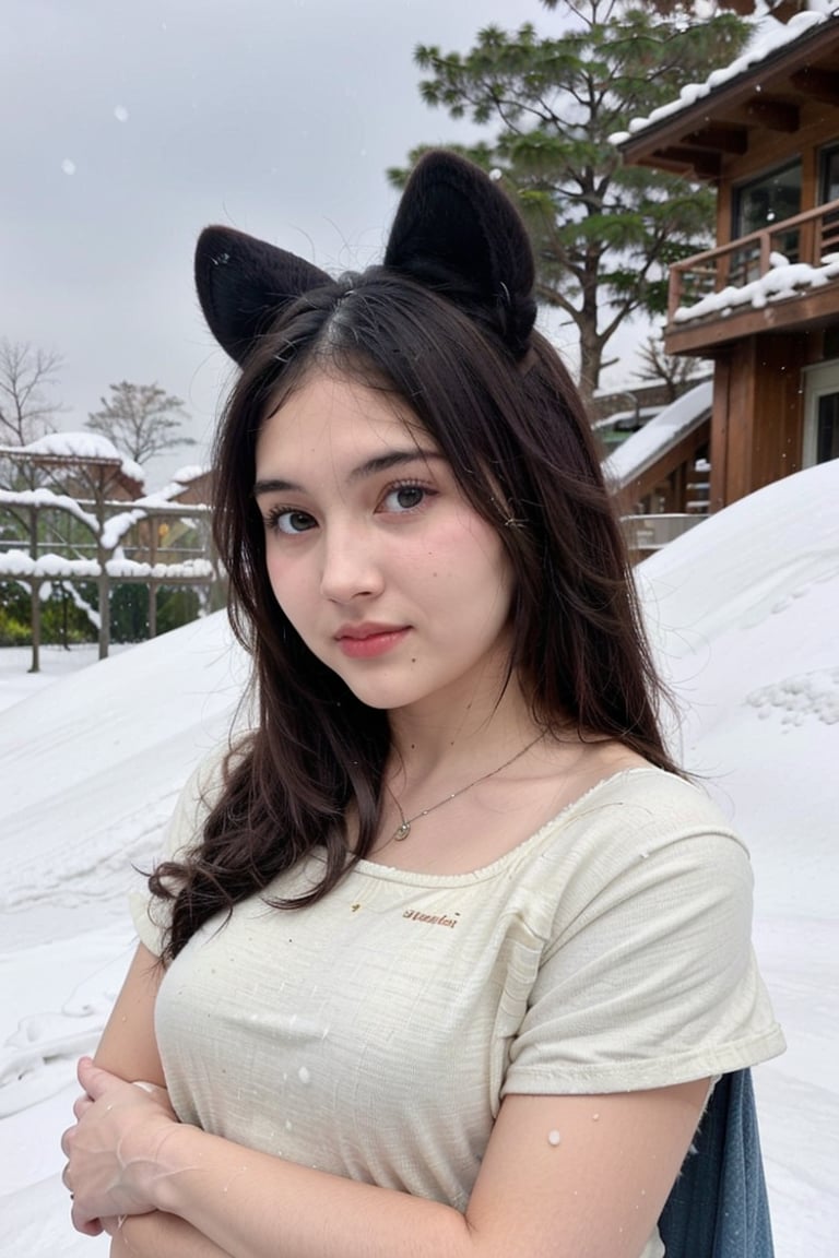 (highest quality, 8k, 32K,details are very clear),Realistic, High resolution, 1Women, alone, (Lolita Costume),Gorgeous costumes,Facing the audience,(Upper Body,Upper limbs), Beautiful Eyes, brown hair, Ring-shaped eyes, (outside,Heavy snowfall,thick fur cape,Cover with snow),Snowfield,blue eyes,highest qualityのイラスト,Detailed facial features