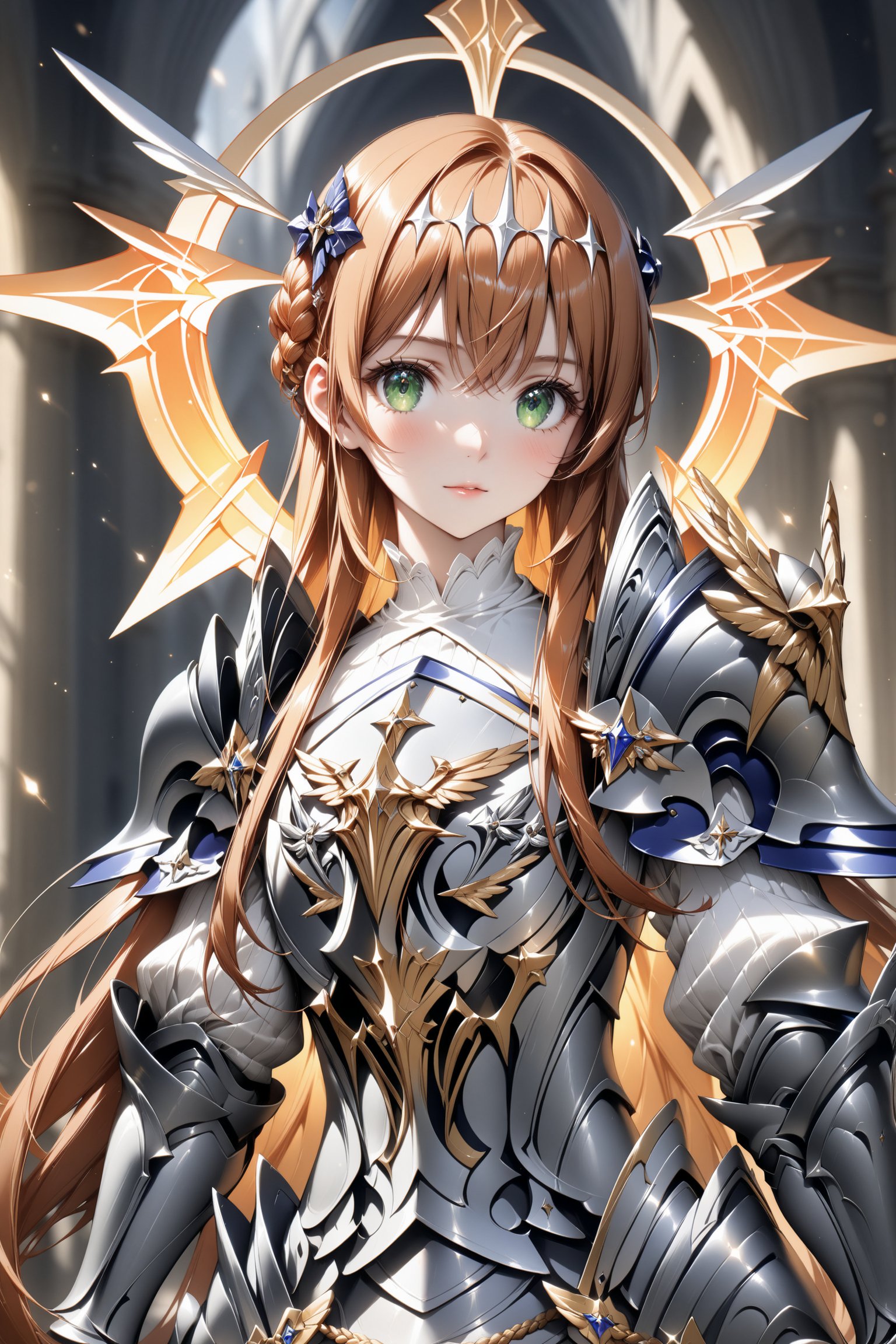 1girl, very beautiful girl, standing,  beautiful image, particles of light, slightly blurred background. Masterpiece, stunning image, sleeveless, 8k, professional style.,Detail,Lightbringer,Neo Elma,orange hair,very long hair,green eyes,(hair ornament:1.2),silver armor,female knight, gauntlet