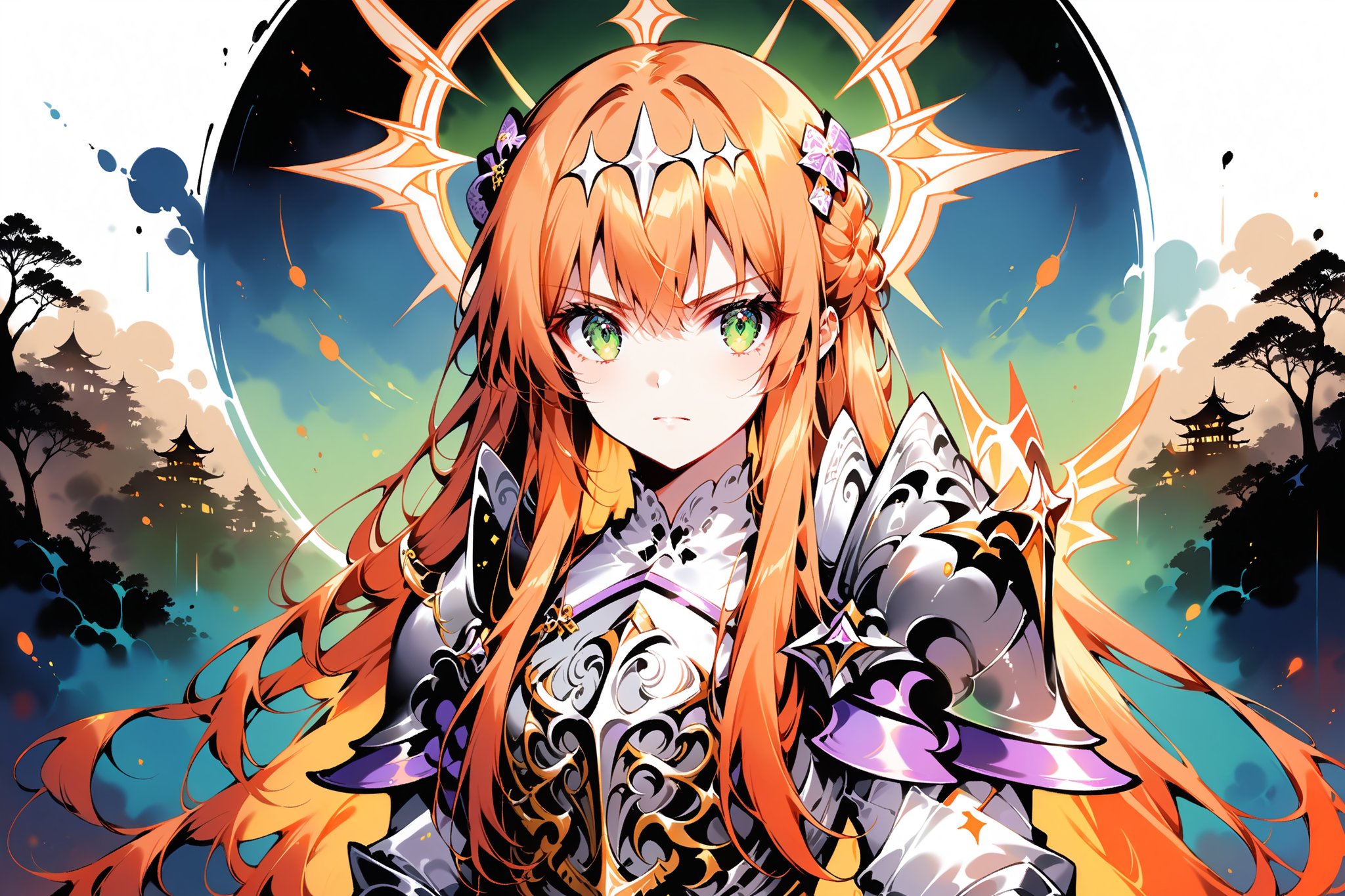 Very beautiful and elegant girl, close-up, sumi-e forest in background, attractive asian makeup, Ink art,Eyes,Beautiful eyes, ,1girl,Lightbringer,Neo Elma,orange hair,very long hair,green eyes,(hair ornament:1.2),silver armor,female knight, gauntlet, (three lozenge-shaped ornament:1.3), serious face, emotionless