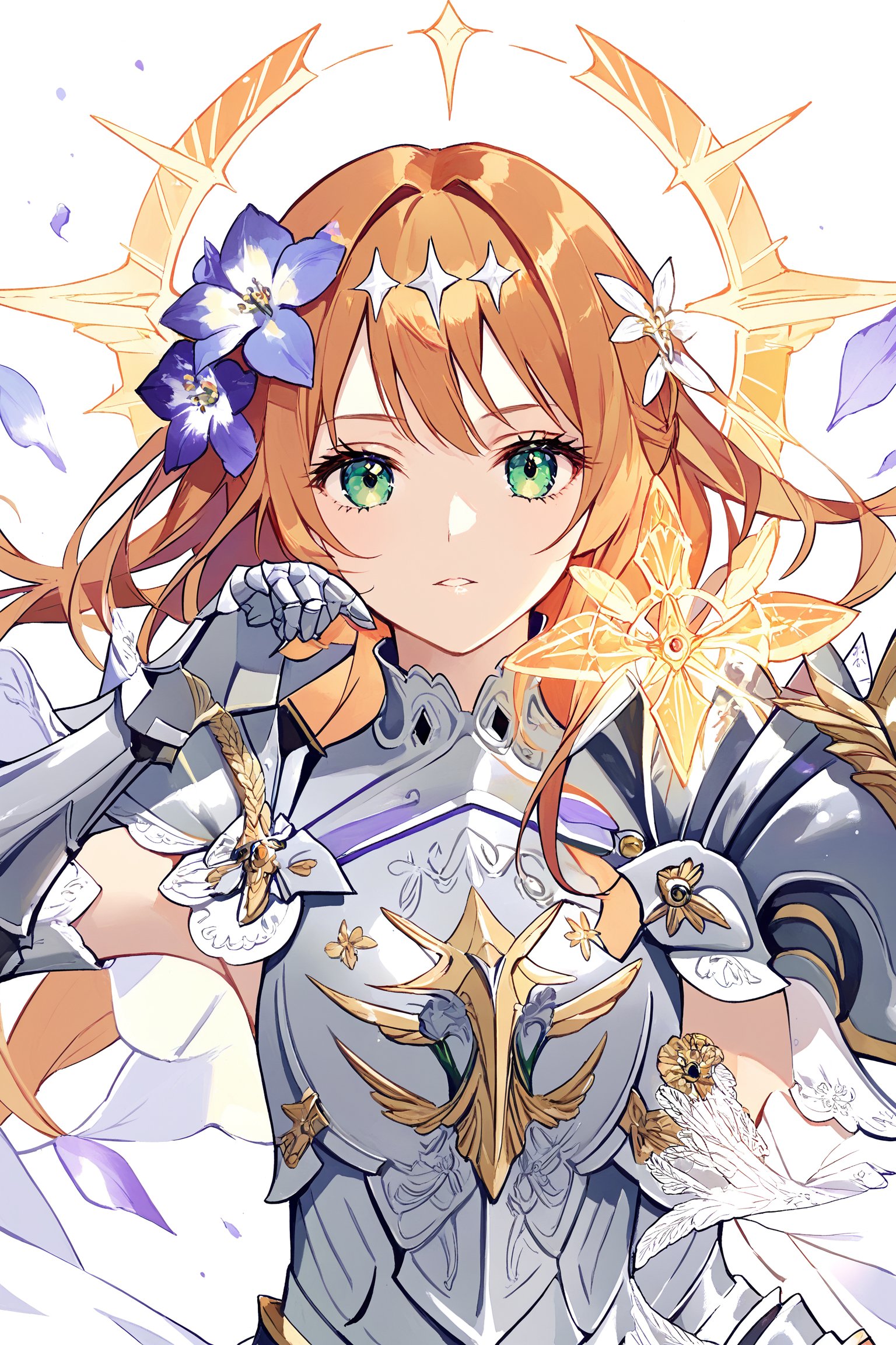 solo, looking at viewer, , 1girl, ,  upper body, flower, female focus, , parted lips, , gradient hair, holding flower,medium chest,Lightbringer,Neo Elma,orange hair,green eyes,(hair ornament:1.2),silver armor,female knight, gauntlet