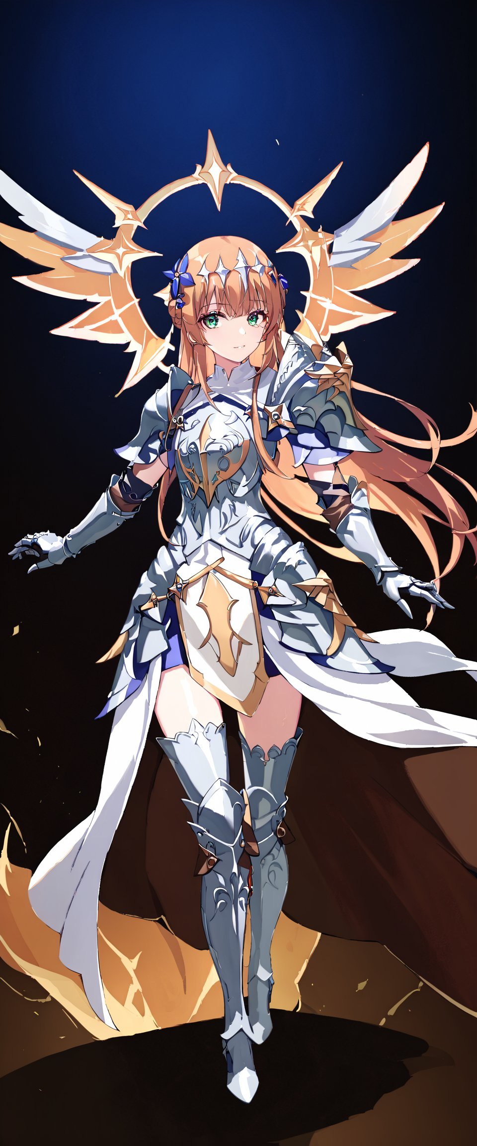 1girl, solo, looking at viewer, western castle background,  full body,Lightbringer,Neo Elma,orange hair,very long hair,green eyes,(hair ornament:1.2),silver armor,female knight, gauntlet, holy light