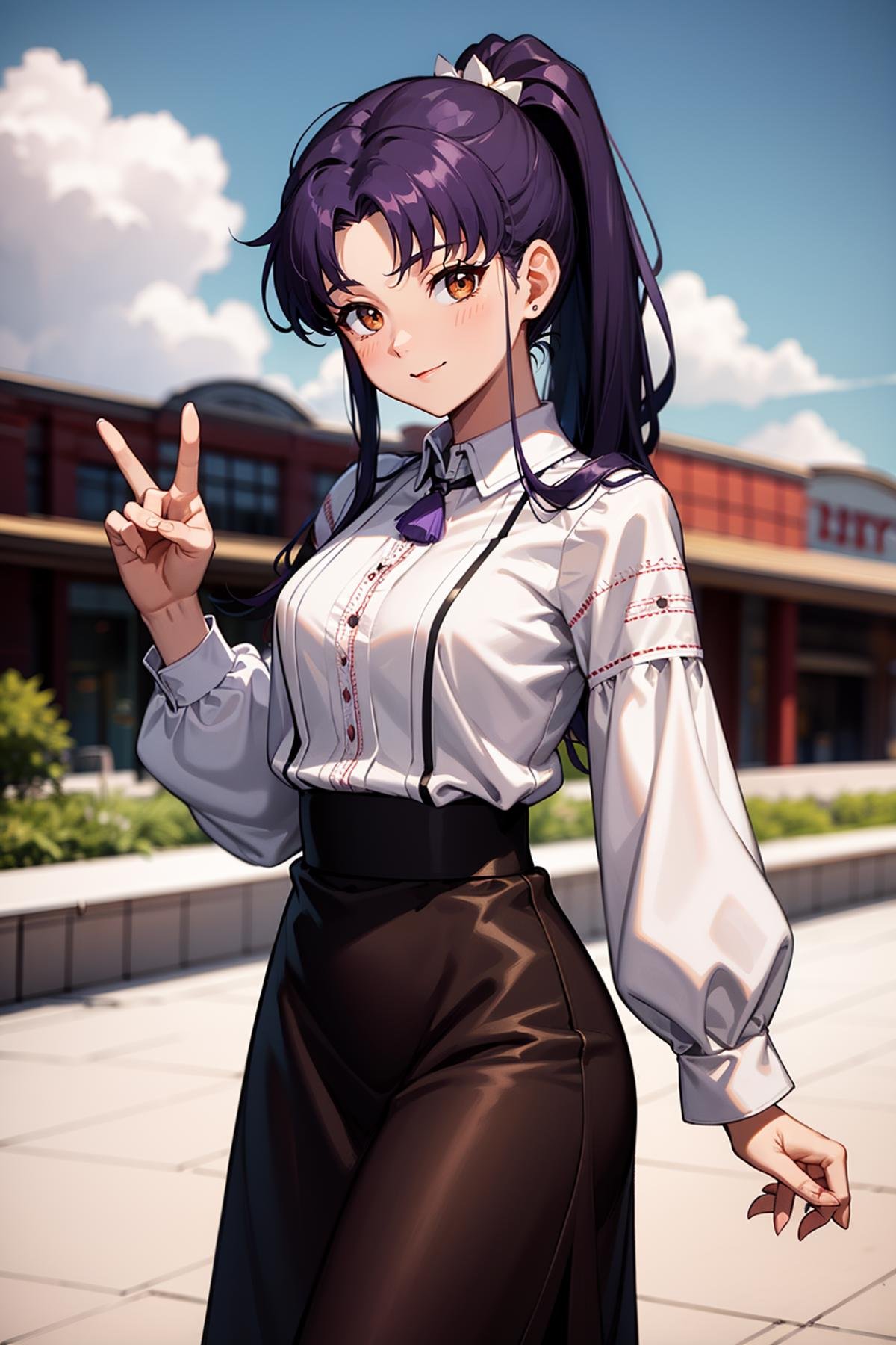 masterpiece, best quality, 1girl, solo, looking at viewer, <lora:EPngeKatsuragiMisato-08:0.75>, EPngeKatsuragiMisato, purple hair, brown eyes, long hair, ponytail, smile, mature female, medium breasts, detailed background, cowboy shot, outdoors, sky, white shirt, black skirt, a woman in a white blouse and black skirt ,wearing edgVyshivanka, edgVyshivanka_style_embroidery <lora:edgVyshyvankaRediscoveryv1:1>