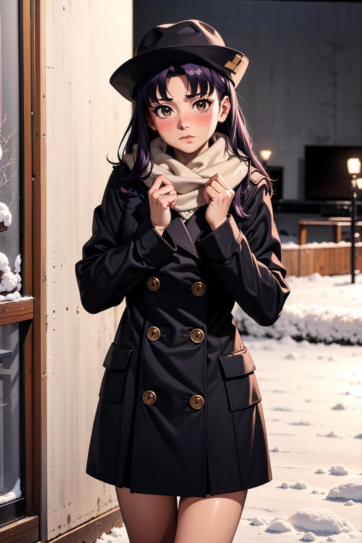 masterpiece, best quality, 1girl, solo, looking at viewer, <lora:EPngeKatsuragiMisato-08:0.75>, EPngeKatsuragiMisato , purple hair, brown eyes, long hair, embarrassed, nose blush, detailed background, cowboy shot, indoors, park, snow, winter, outdoors, fur trim dress,hat,scarf ,wearing edgwdc<lora:edgWinterDressCode:0.7>