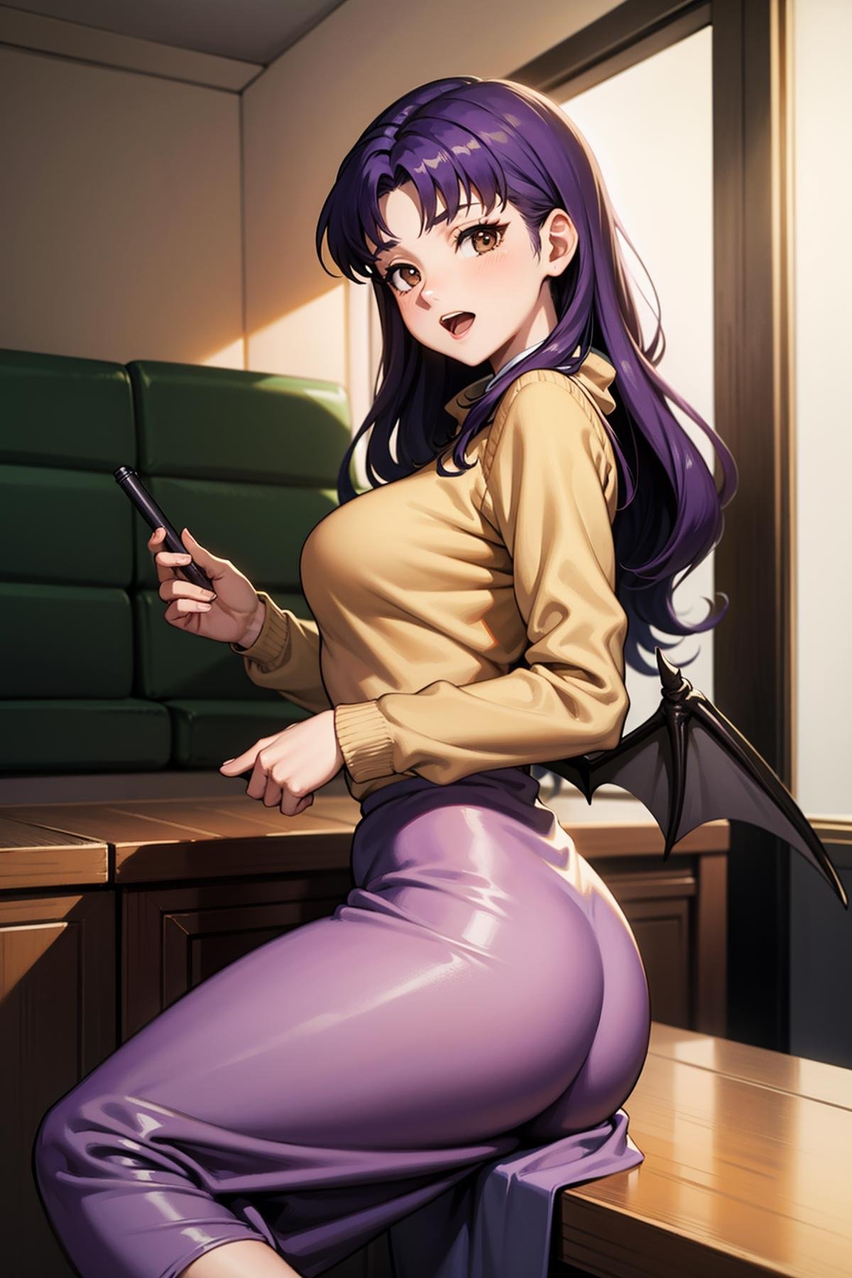 masterpiece, best quality, 1girl, solo, looking at viewer, <lora:EPngeKatsuragiMisato-08:0.75>, EPngeKatsuragiMisato , purple hair, brown eyes, long hair, open mouth, detailed background, silver sweater, long skirt, bat wings, toeless footwear, cowboy shot, indoors, [living room|kitchen|bed room|classroom|bath room| train interior| car interior|bus interior|bus stop|train station|changing room| stairwell]