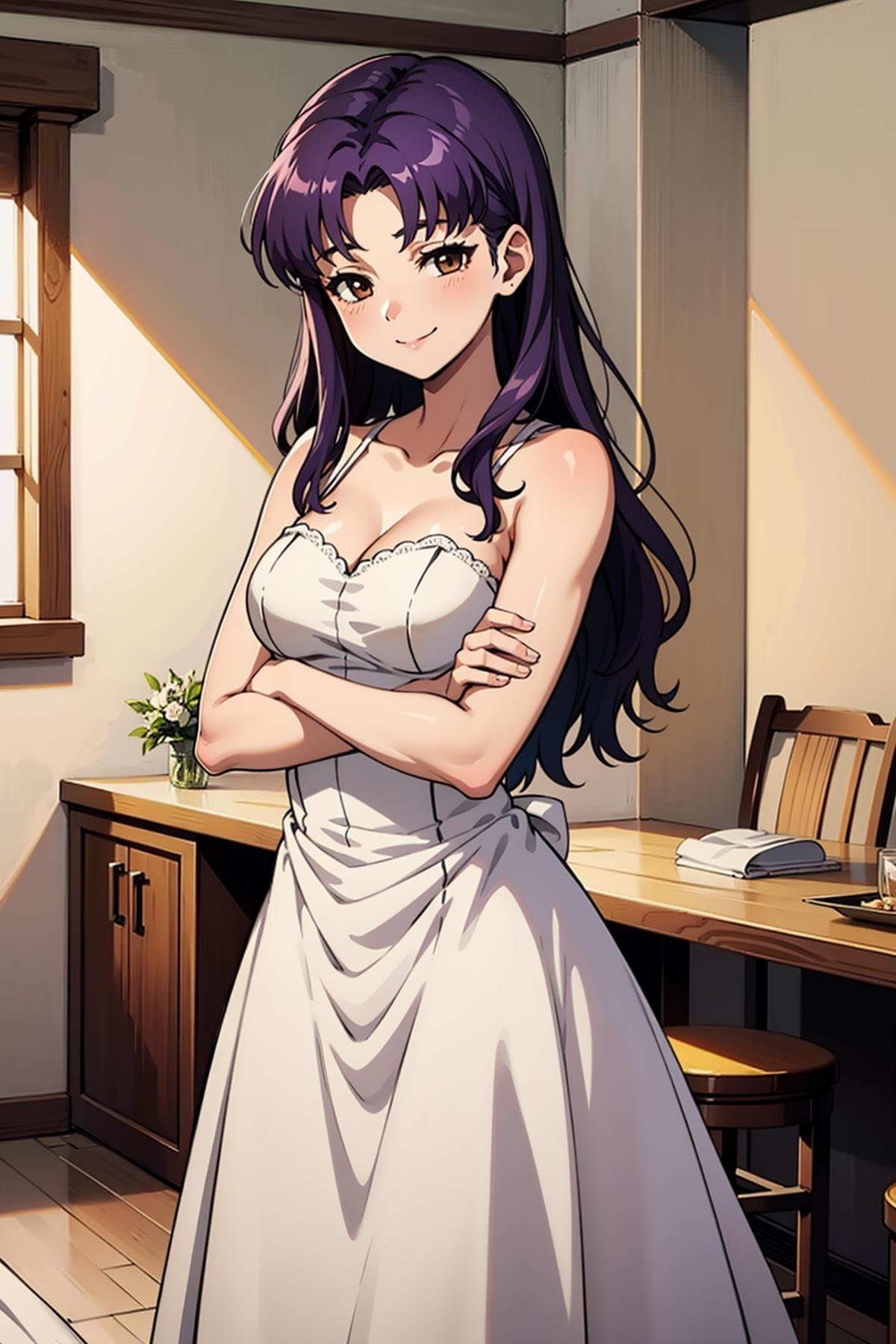 masterpiece, best quality, 1girl, solo, looking at viewer, <lora:EPngeKatsuragiMisato-08:0.75>, EPngeKatsuragiMisato , purple hair, brown eyes, long hair, half-closed eyes, smile, detailed background, wedding dress, cowboy shot, indoors, [living room|kitchen|bed room|classroom|bath room| train interior| car interior|bus interior|bus stop|train station|changing room| stairwell]