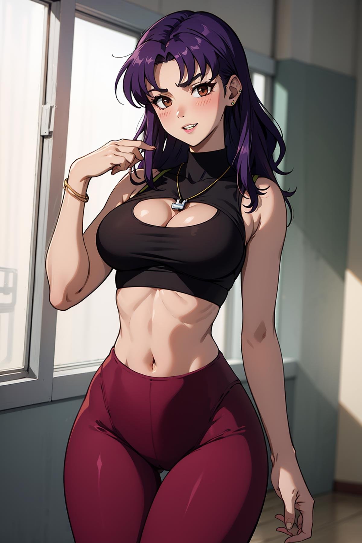 masterpiece, best quality, 1girl, solo, looking at viewer, <lora:EPngeKatsuragiMisato-08:0.75>, EPngeKatsuragiMisato , purple hair, brown eyes, long hair, smile, jewelry, earrings, necklace, Style-DA, detailed background,indoors,anger vein,spoken squiggle,looking at viewer,blush,v-shaped eyebrows,gluteal fold, teeth,squiggle,stomach,standing,,stud earrings,cowboy shot,parted lips,thigh gap, edgYoga, breasts, cleavage,crop top, clothing cutout, tight high-waist pants ,wearing edgYoga, sports bra,yoga pants, <lora:edgGymtasticv2:0.7>