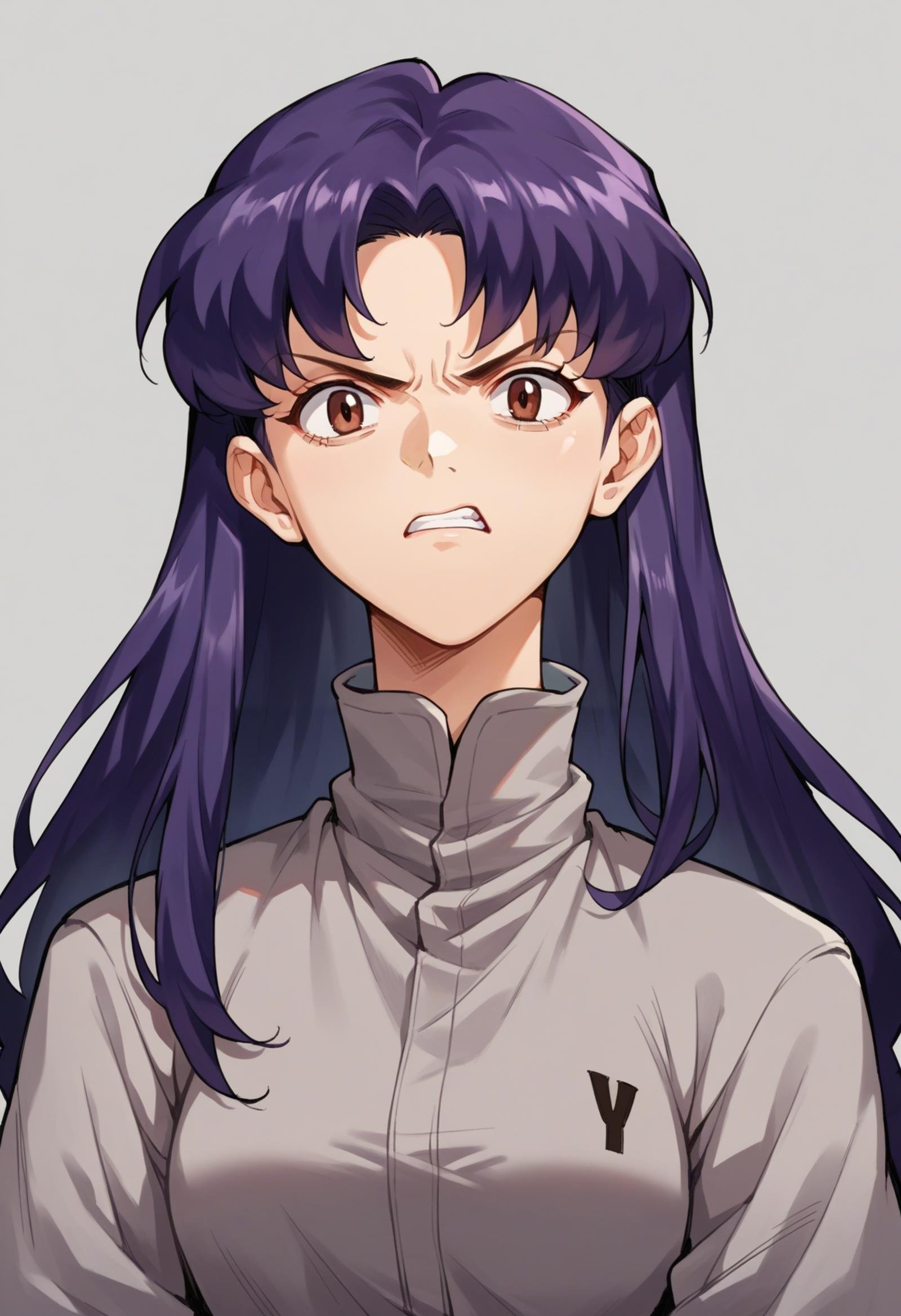 score_7, score_8_up, score_7_up, source_anime, 1girl, solo, looking at viewer, EPngeKatsuragiMisato, purple hair, brown eyes, long hair, gray pajamas, <lora:EPngeKatsuragiMisatoPony-06:1.0>, angry, disneyland