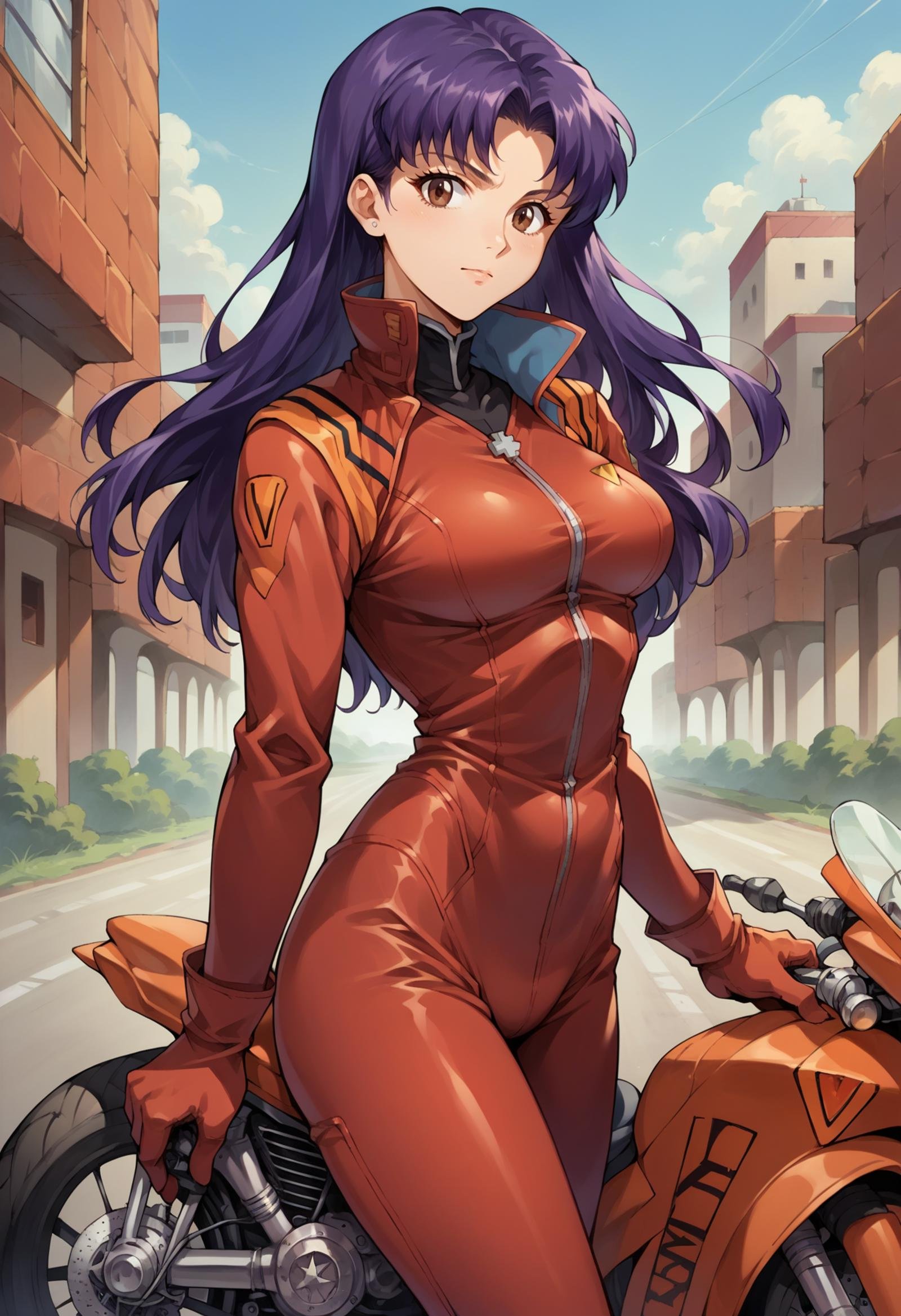 score_7, score_8_up, score_7_up, source_anime, 1girl, solo, looking at viewer, <lora:EPngeKatsuragiMisatoPony-06:0.7>, EPngeKatsuragiMisato, purple hair, brown eyes, long hair, biker clothes, bikesuit, bodysuit, gloves, cowboy shot, motorcycle, motor vehicle, ground vehicle, on vehicle,