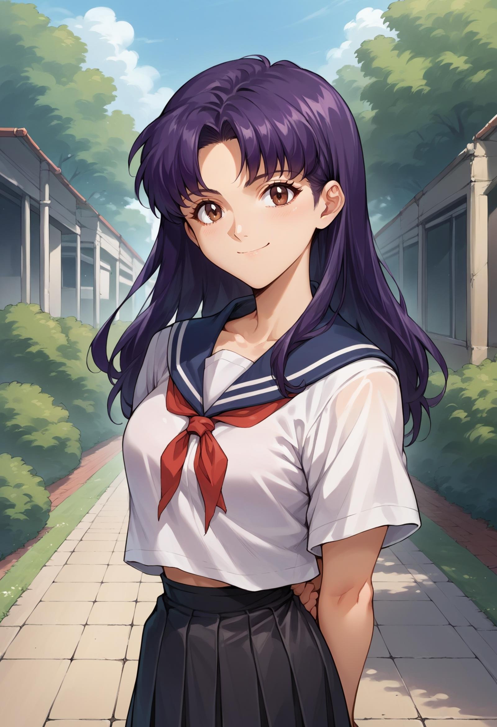 score_7, score_8_up, score_7_up, source_anime, 1girl, solo, looking at viewer,  EPngeKatsuragiMisato, purple hair, brown eyes, long hair,serafuku, white shirt, black skirt, arms behind back, smile, outdoors,<lora:EPngeKatsuragiMisatoPony-06:1.0>