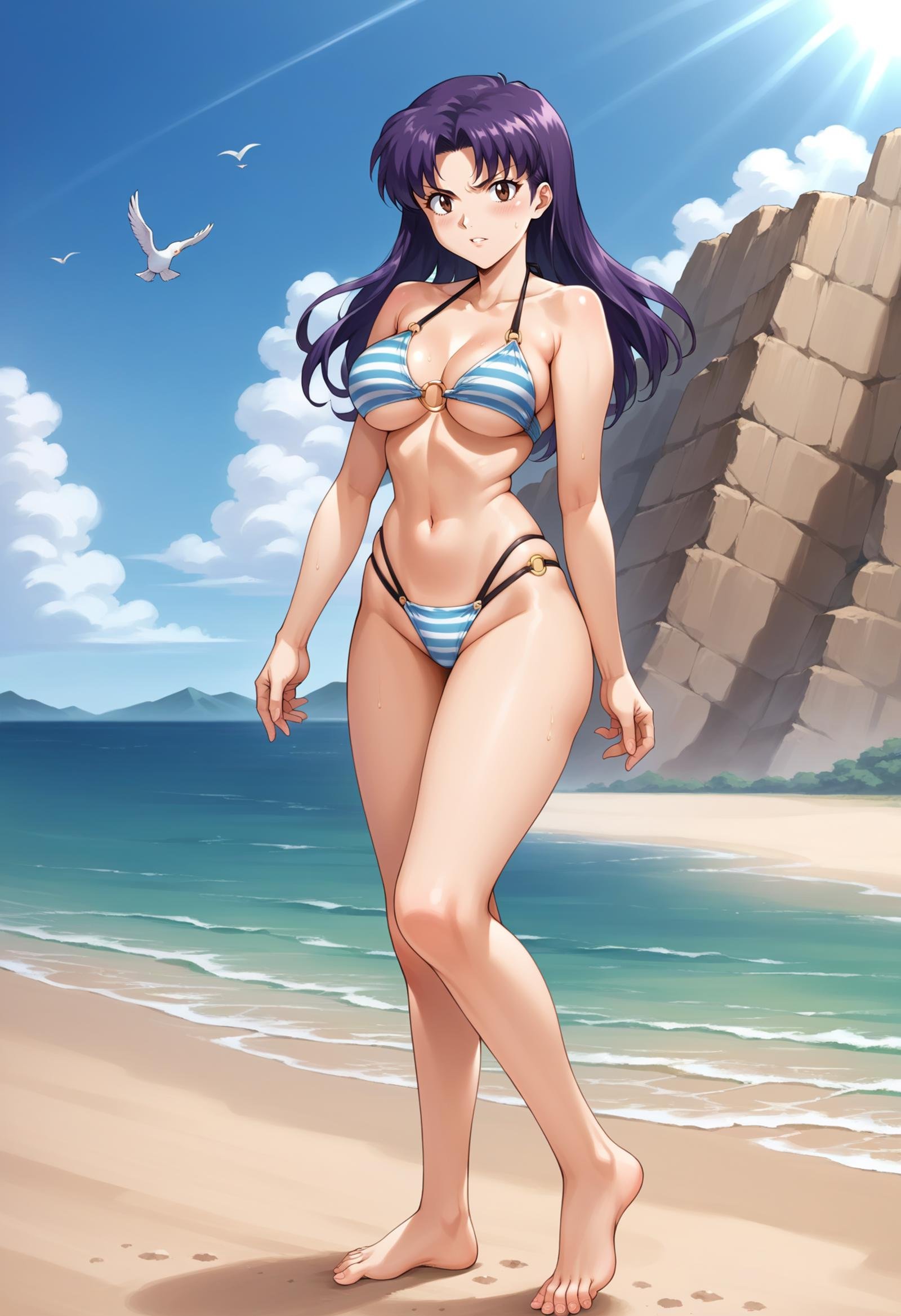 score 7, score 8 up, score 7 up, source anime, 1girl, solo, looking at viewer, EPngeKatsuragiMisato, purple hair, brown eyes, long hair, bare arms, bare legs, bare shoulders, barefoot, bikini, blue sky, breasts, cloud, day, feet, full body, halterneck, highleg, highleg bikini, large breasts, legs, light blush, light rays, mountainous horizon, o-ring, o-ring bikini, o-ring top, ocean, outdoors, parted lips, sand, shadow, shore, simple bird, sky, standing, string bikini, striped bikini, striped clothes, sunbeam, sunlight, sweat, swimsuit, teeth, tiptoes, toenails, toes, underboob, v-shaped eyebrows, water, <lora:EPngeKatsuragiMisatoPony-06:1> 