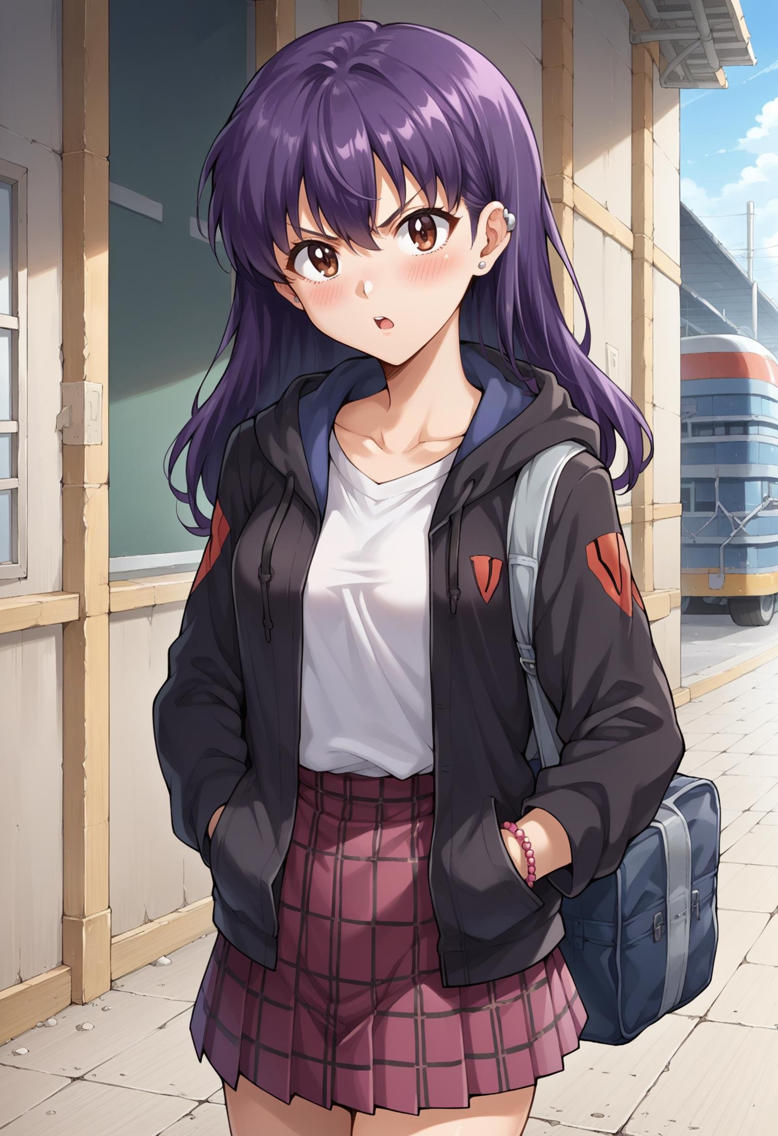 score 7, score 8 up, score 7 up, source anime, 1girl, solo, looking at viewer, EPngeKatsuragiMisato, purple hair, brown eyes, long hair,bag, black hoodie, blush, breasts, collarbone, ear piercing, hair between eyes, hands in pockets, hood, hood down, hoodie, multiple bracelets, open mouth, piercing, plaid, plaid skirt, pleated skirt, purple skirt, school bag, school uniform, shirt, skirt, small breasts, tactile paving, train station, train station platform, v-shaped eyebrows, white shirt, <lora:EPngeKatsuragiMisatoPony-06:1> 