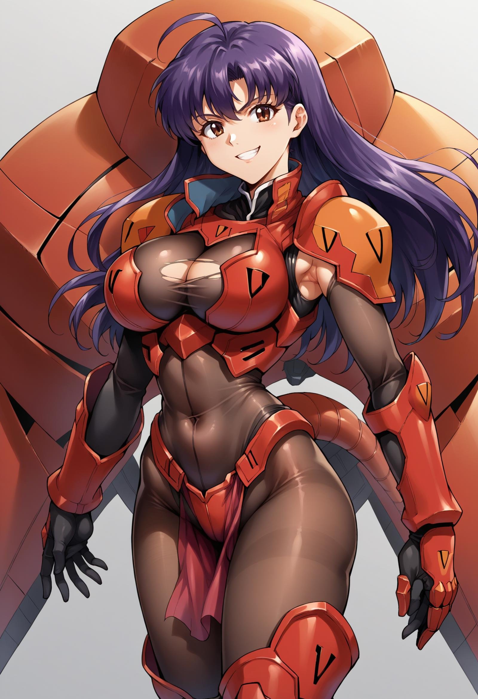 core 7, score 8 up, score 7 up, source anime, 1girl, solo, looking at viewer, EPngeKatsuragiMisato, purple hair, brown eyes, long hair, ahoge, armor, armored_boots, armored_leotard, armpit_crease, black_armor, bodystocking, boobplate, boots, breasts, cleavage, covered_navel, cowboy_shot, gauntlets, grin, hair_between_eyes, huge_breasts, mechanical_tail, pelvic_curtain, rigging, see-through, see-through_cleavage, sidelocks, smile, standing, tail, teeth, torn_bodystocking, torn_clothes, <lora:EPngeKatsuragiMisatoPony-06:1> 