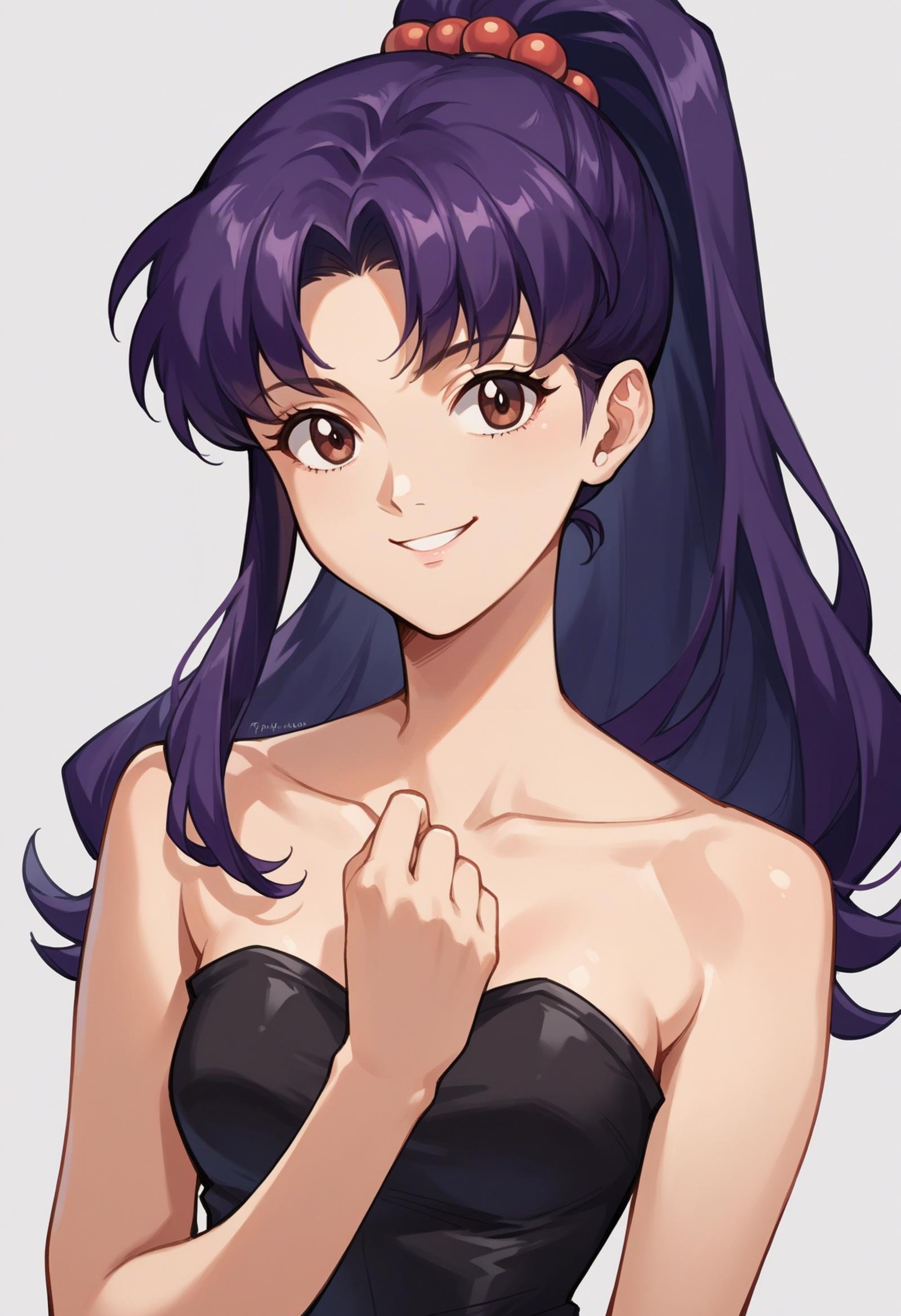 score_7, score_8_up, score_7_up, source_anime, 1girl, solo, looking at viewer, EPngeKatsuragiMisato, purple hair, brown eyes, long hair, high ponytail, hair beads, strapless dress, black dress, collarbone, <lora:EPngeKatsuragiMisatoPony-06:0.7>, smile, disneyland