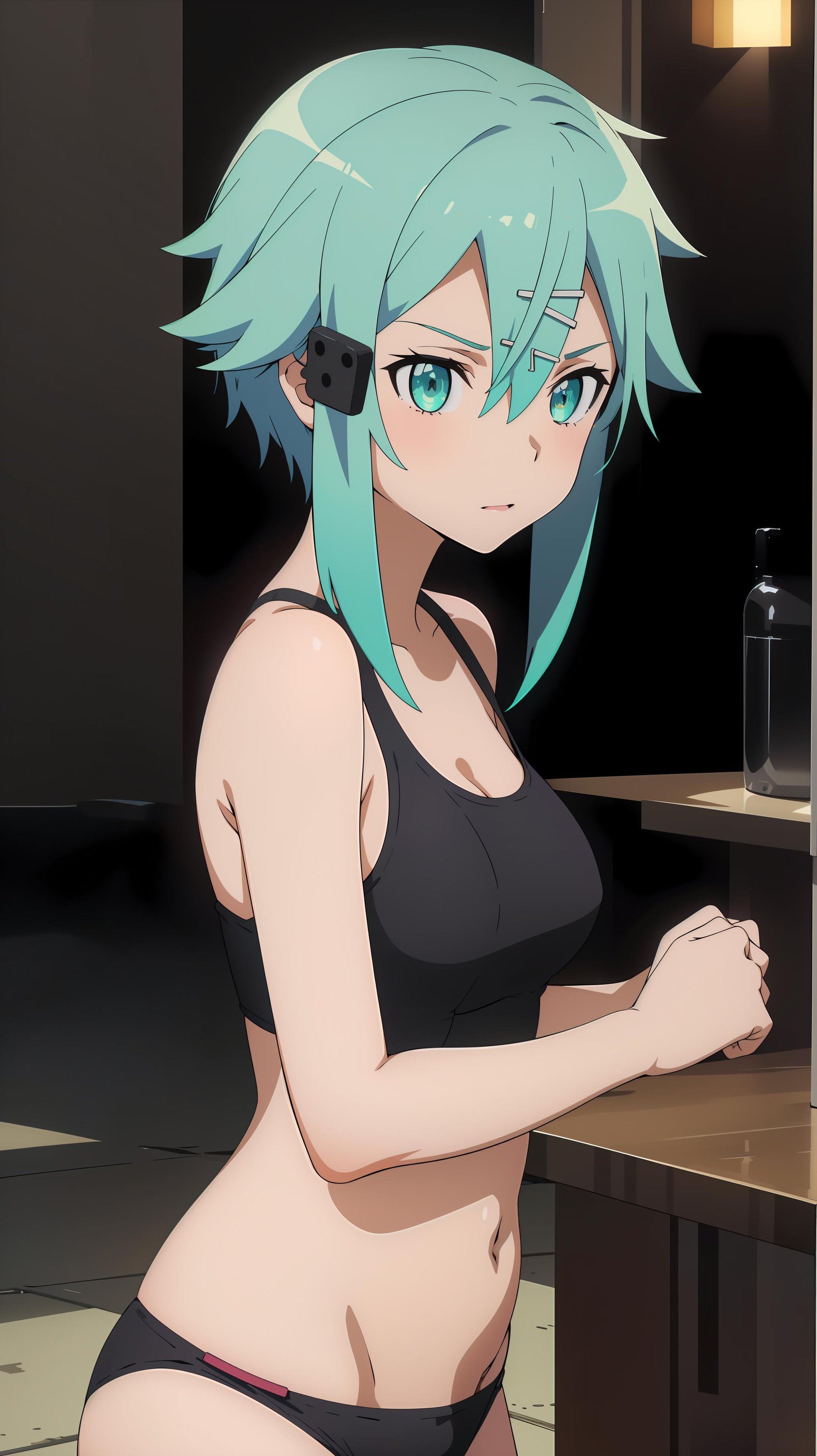 (ultra high res, ultra detailed, high resolution, highly detailed, 4k, 8k),(masterpiece), professional animation, 1girl, solo, living room,<lora:EPsoaSinon-14:0.7>, EPsoaSinon, short hair, aqua hair, detailed jewel-like eyes, hair between eyes, (hair ornament:1.2), hairclip, black bikini,