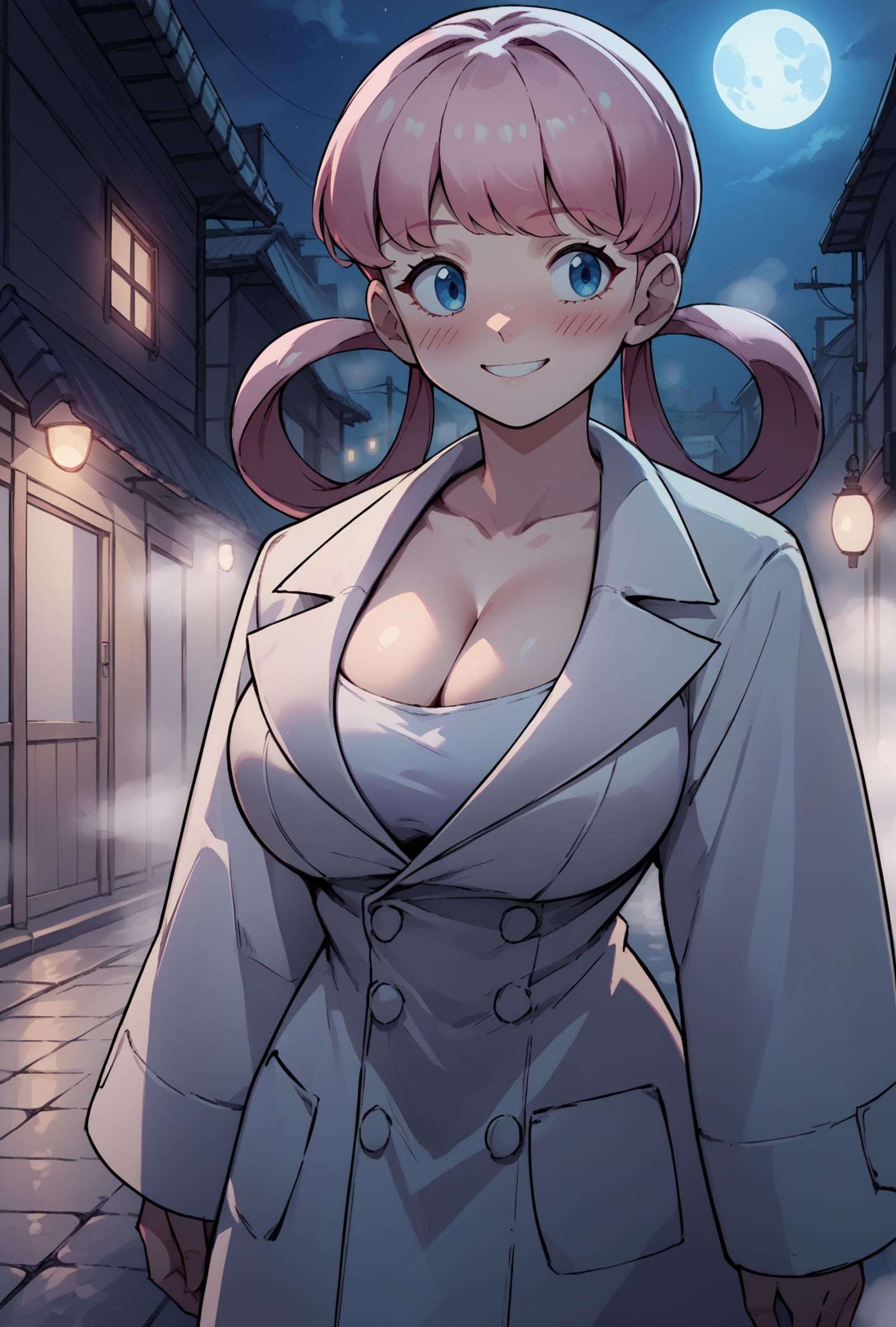 large breasts, smile, white trench coat,cleavage,standing,empty streets,night,fog,moon, score_9, score_8_up,score_7_up, source_anime, 1girl, solo, <lora:EPpkNurseJoyPony_epoch_15:1>, eppknursejoy, pink hair,  blue eyes, long hair, blush, large breasts, hair rings, bumper bangs,