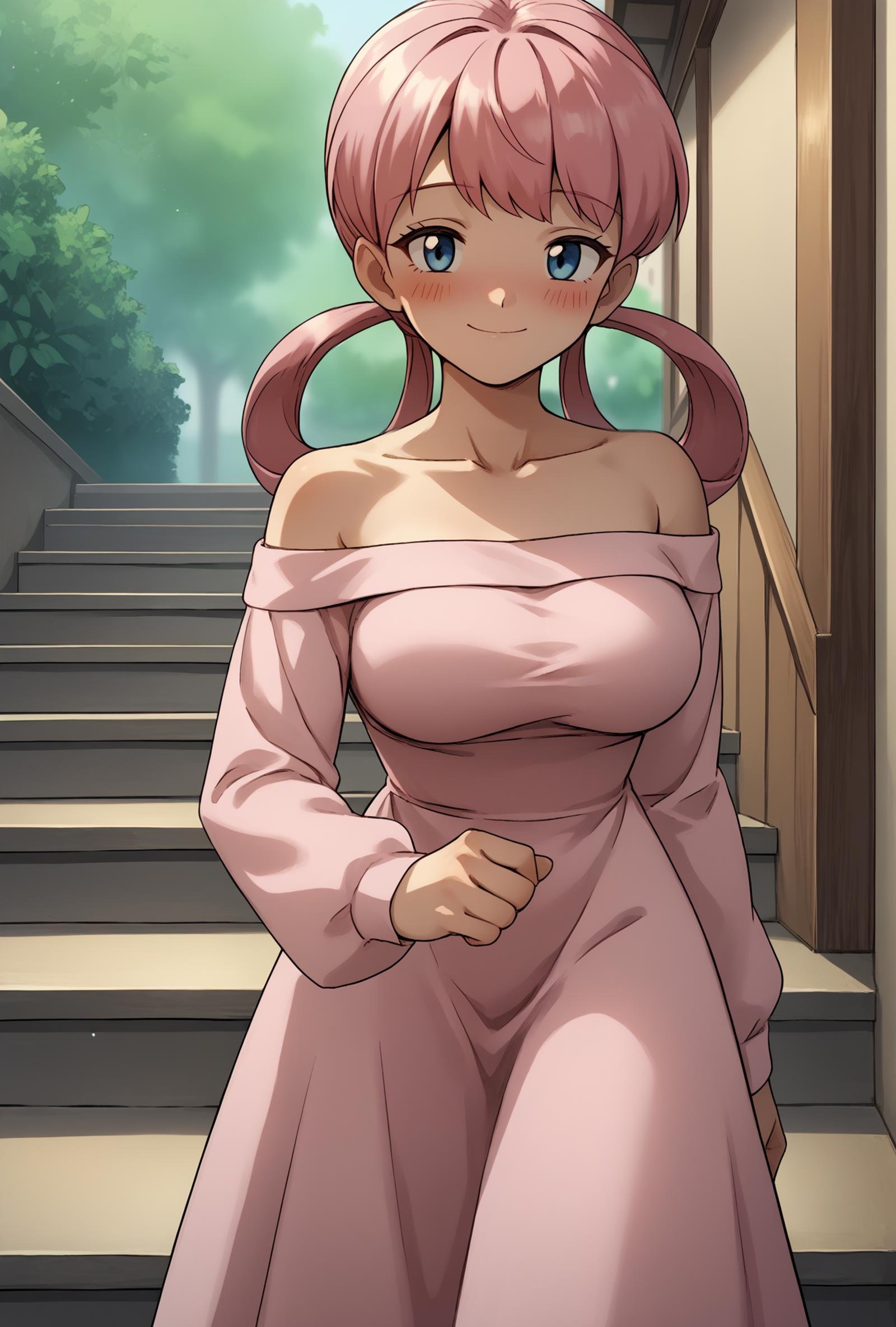 bare shoulders, collarbone, off-shoulder dress, long sleeves, long dress, pink dress, cowboy shot, smile, seductive smile, blush, stairs, score_9, score_8_up,score_7_up, source_anime, 1girl, solo, <lora:EPpkNurseJoyPony_epoch_15:1>, eppknursejoy, pink hair,  blue eyes, long hair, blush, large breasts, hair rings, bumper bangs,