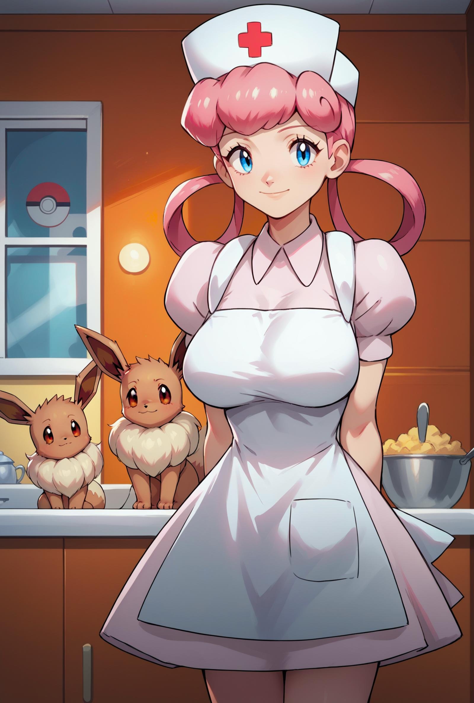 score_9, score_8_up,score_7_up, source_anime, 1girl, solo, <lora:EPpkNurseJoyPony_epoch_15:1>, eppknursejoy, pink hair,  blue eyes, long hair, large breasts, hair rings, bumper bangs, looking at viewer, hat, dress, closed mouth, short sleeves, puffy sleeves, apron, puffy short sleeves, nurse cap, nurse, indoors, smile, infirmary, pokemon, pokemon \(creature\), eevee, 