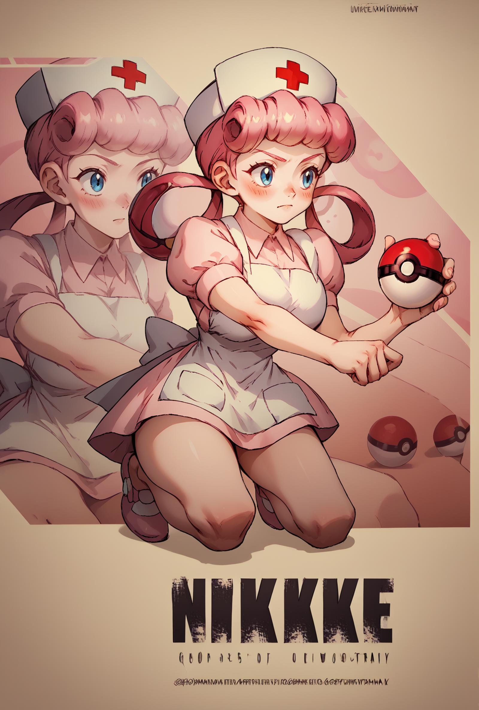 hat, dress, short sleeves, puffy sleeves, apron, puffy short sleeves, nurse cap, nurse, <lora:NikkeProfileV2_XLPD:1>, full body, zoom layer, on one knee, holding poke ball, poke ball, score_9, score_8_up,score_7_up, source_anime, 1girl, solo, <lora:EPpkNurseJoyPony_epoch_15:1>, eppknursejoy, pink hair,  blue eyes, long hair, blush, large breasts, hair rings, bumper bangs,