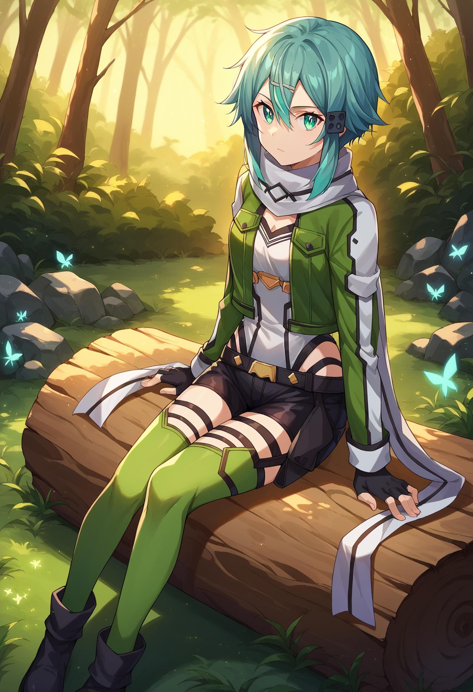 score_9, score_8_up,score_7_up, source_anime, 1girl, <lora:EPsoaSinonPony_epoch_4:1.0>, EPsoaSinon, short hair, aqua hair, detailed jewel-like eyes, hair between eyes, hair ornament, hairclip, sidelocks, green jacket, black footwear, black gloves, black shorts, fingerless gloves, gloves, green legwear, jacket, long sleeves, open jacket, scarf, short hair with long locks, short shorts, shorts, white scarf,  sitting on a log bench, looking at viewer, star-like clusters of vibrant glowing fireflies, clearing in the forest