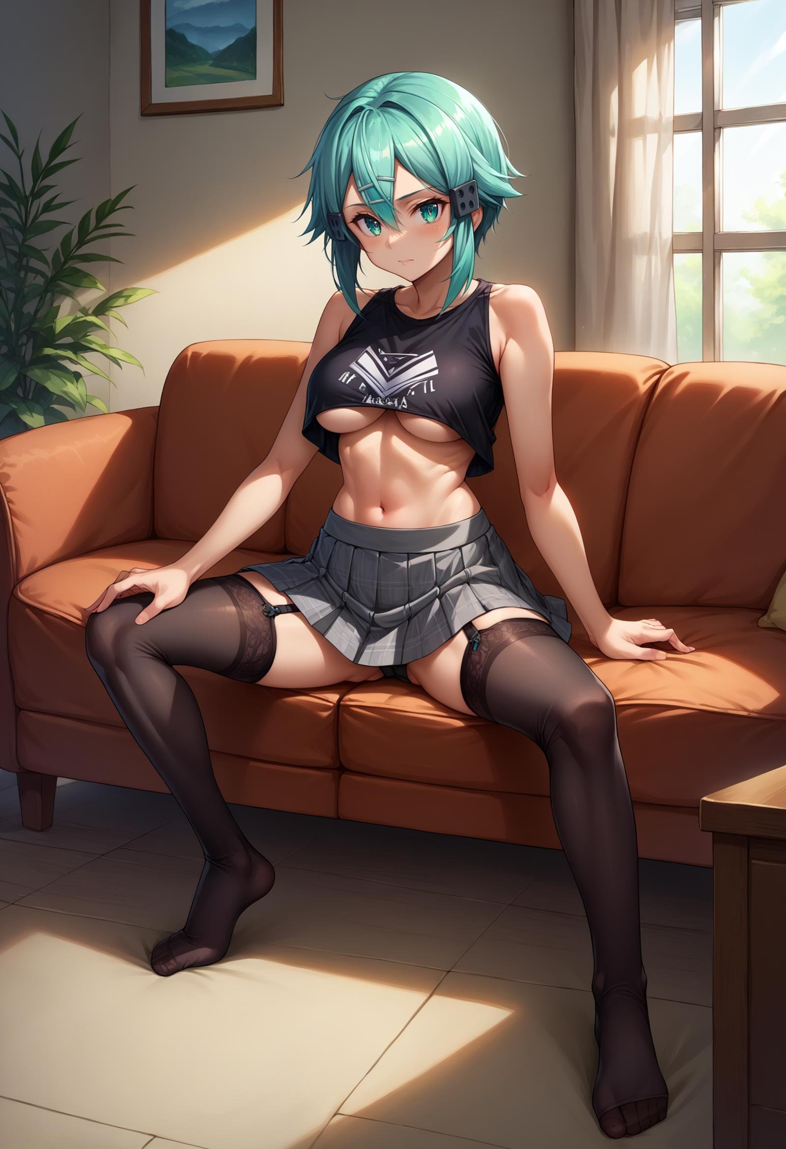 score_9, score_8_up,score_7_up, source_anime, full body, <lora:EPsoaSinonPony_epoch_4:1>, EPsoaSinon, short hair, aqua hair, detailed jewel-like eyes, hair between eyes, hair ornament, hairclip, sidelocks, exposed arms and shoulders, black shirt, print on shirt, black metal print shirt, underboob, navel, midriff, thighhighs, garter straps, zettai ryouiki, grey skirt, pleated skirt, plaid, living room, sofa,