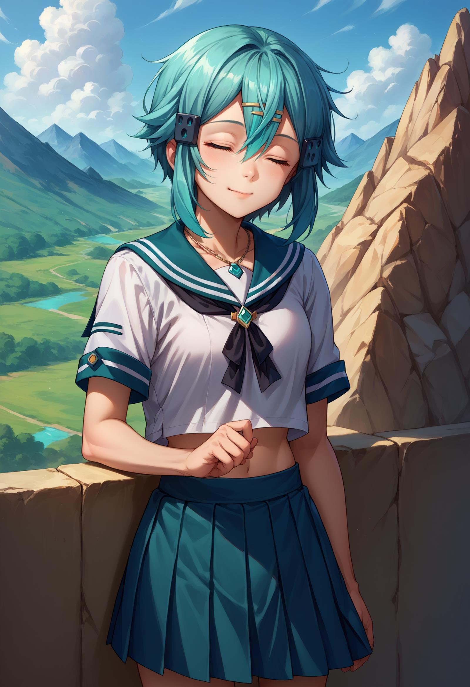 score_9, score_8_up,score_7_up, source_anime, <lora:EPsoaSinonPony-04:1>, EPsoaSinon, short hair, aqua hair, detailed jewel-like eyes, hair between eyes, hair ornament, hairclip, sidelocks, cowboy shot, mountain,sailor collar, neck ribbon, pleated skirt, necklace, happy, dreaming, imagining, 