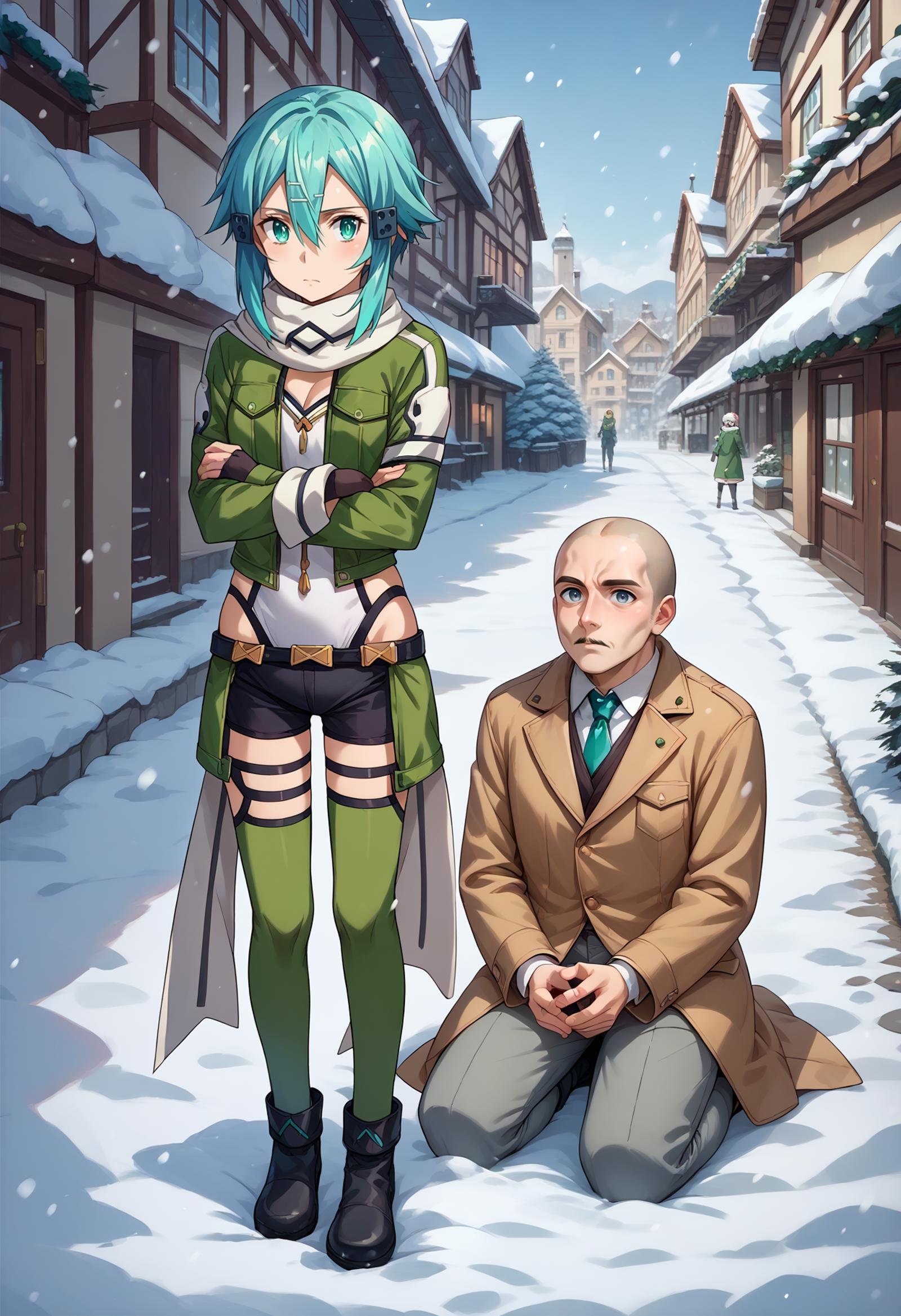 score_9, score_8_up,score_7_up, source_anime, full body, plaza, winter, snow, village,BREAK 1girl, <lora:EPsoaSinonPony_epoch_4:1.0>, EPsoaSinon, short hair, aqua hair, aqua eyes, perfect anime eyes, hair between eyes, hair ornament,hairclip, sidelocks, green jacket, black footwear, black gloves, black shorts, fingerless gloves, gloves, green legwear, jacket, long sleeves, open jacket, scarf, short hair with long locks, short shorts, shorts, white scarf, pout, pouty lips, crossed arms, standingBREAK 1boy, bald, mustache, grey eyes, black shirt, grey pants, smiling, kneeling, brown boots, brown coat, fur trim,  marriage proposal