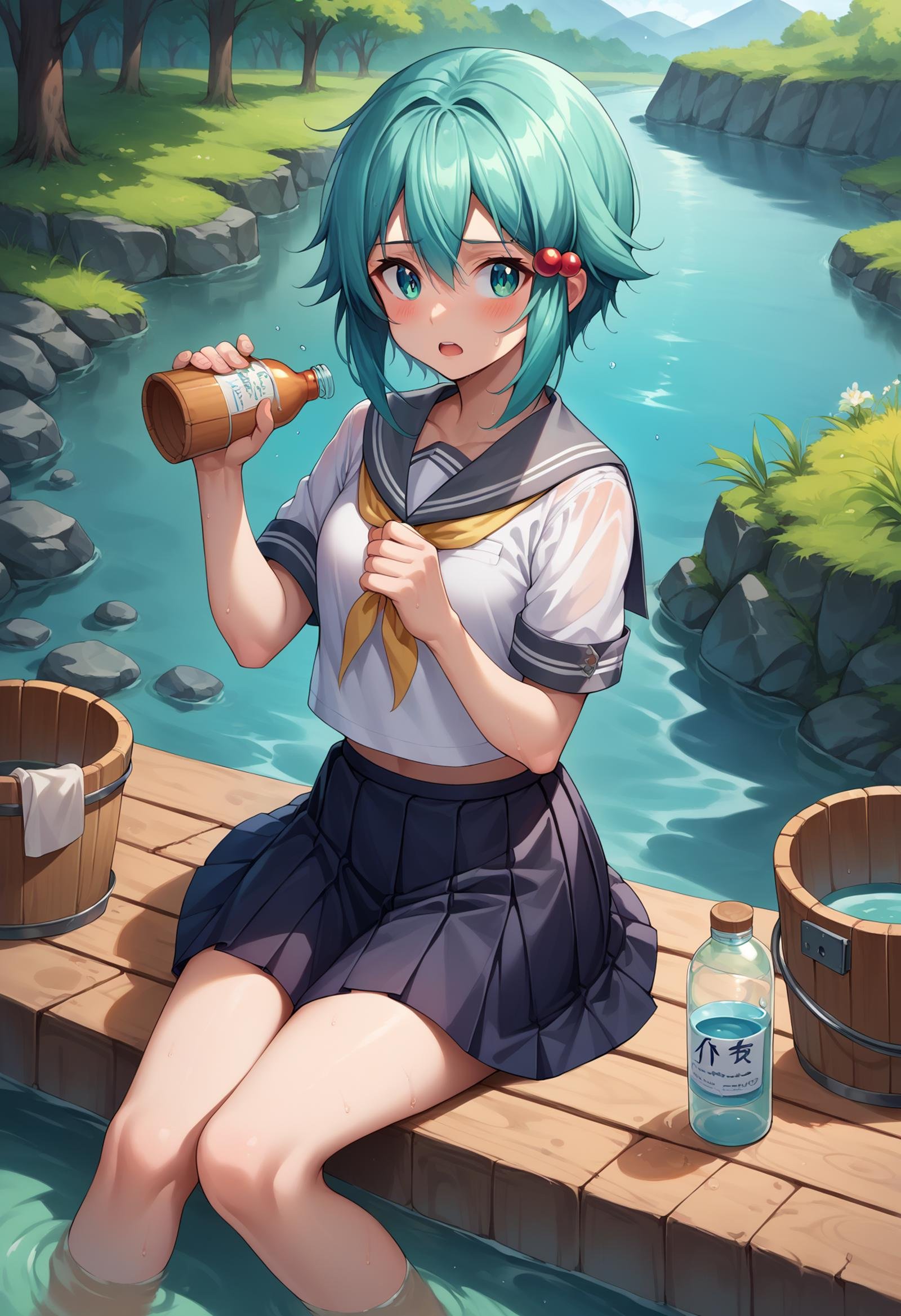 score_9, score_8_up,score_7_up, source_anime, 1girl, <lora:EPsoaSinonPony_epoch_4:1.0>, EPsoaSinon, long hair, aqua hair, short hair, sidelocks, hair ornament, hairpin, black skirt, blush, bottle, bucket, day, feet out of frame, grey sailor collar, hair bobbles, hands up, highres, holding bottle, miniskirt, neckerchief, open mouth, outdoors, pleated skirt, ramune, river, sailor collar, school uniform, serafuku, shirt, short sleeves, sitting, skirt, soaking feet, solo, uniform, water, white shirt, wooden bucket