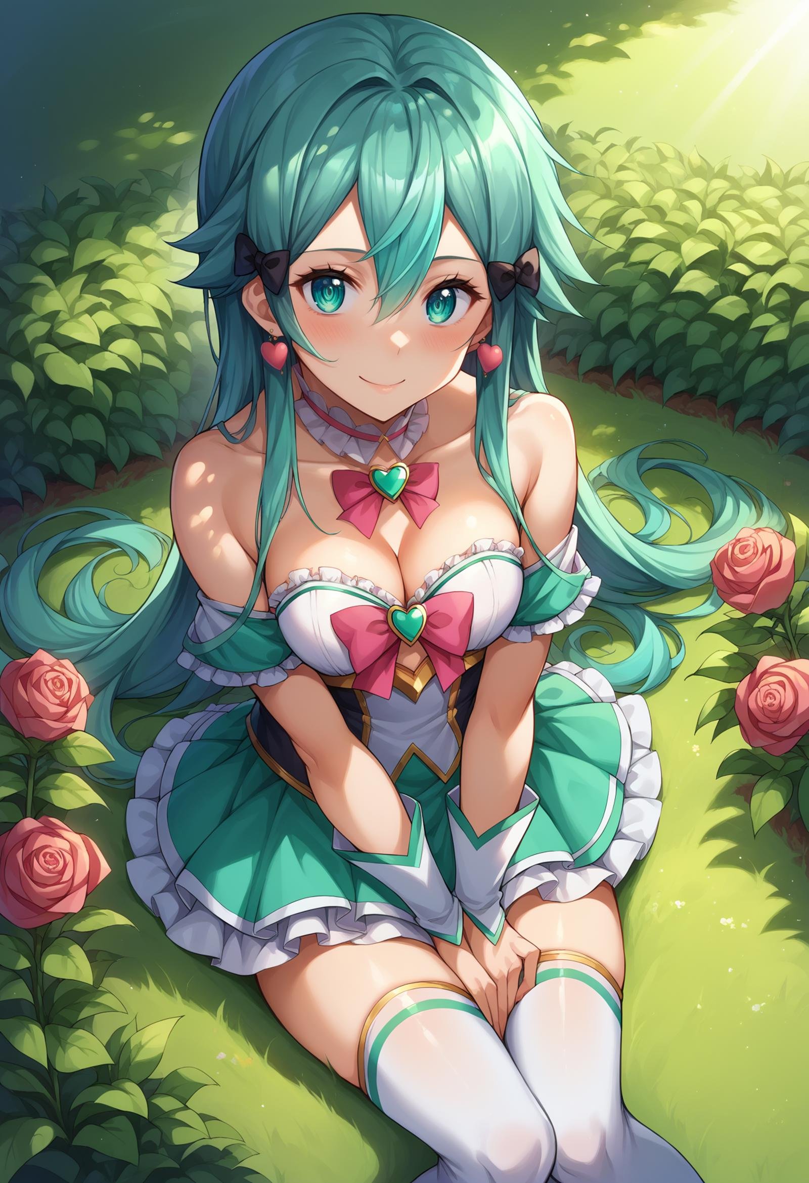 score_9, score_8_up,score_7_up, source_anime, 1girl, <lora:EPsoaSinonPony_epoch_4:1.0>, EPsoaSinon, long hair, aqua hair,  (magical girl), choker, frills, bare shoulders, bow, ribbon, hair ribbon, jewelry, earrings, hair ornament, outdoors, garden, sunlight, day, bush, wariza, hand between legs, from above, heart brooch, thighhighs, grass, flower, rose, trowel, cleavage, smile, blush