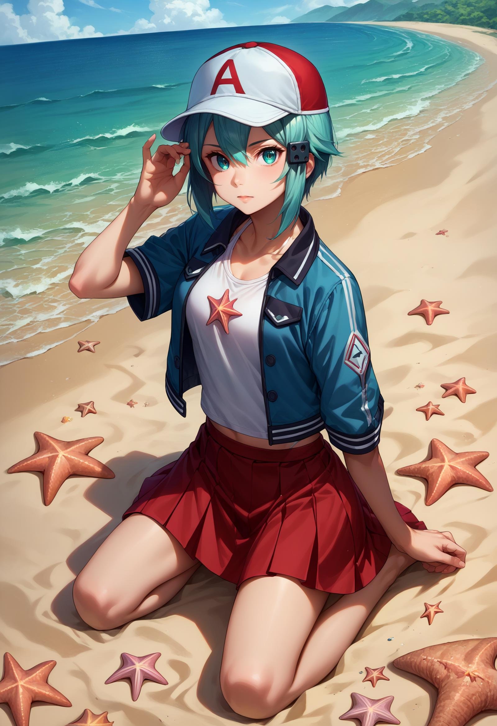 score_9, score_8_up,score_7_up, source_anime, <lora:EPsoaSinonPony-04:1>, EPsoaSinon, short hair, aqua hair, detailed jewel-like eyes, hair between eyes, white tank top, blue jacket, red skirt, bob cut, blunt bangs, baseball cap, kneeling, beach, ocean, starfish, looking at viewer, 