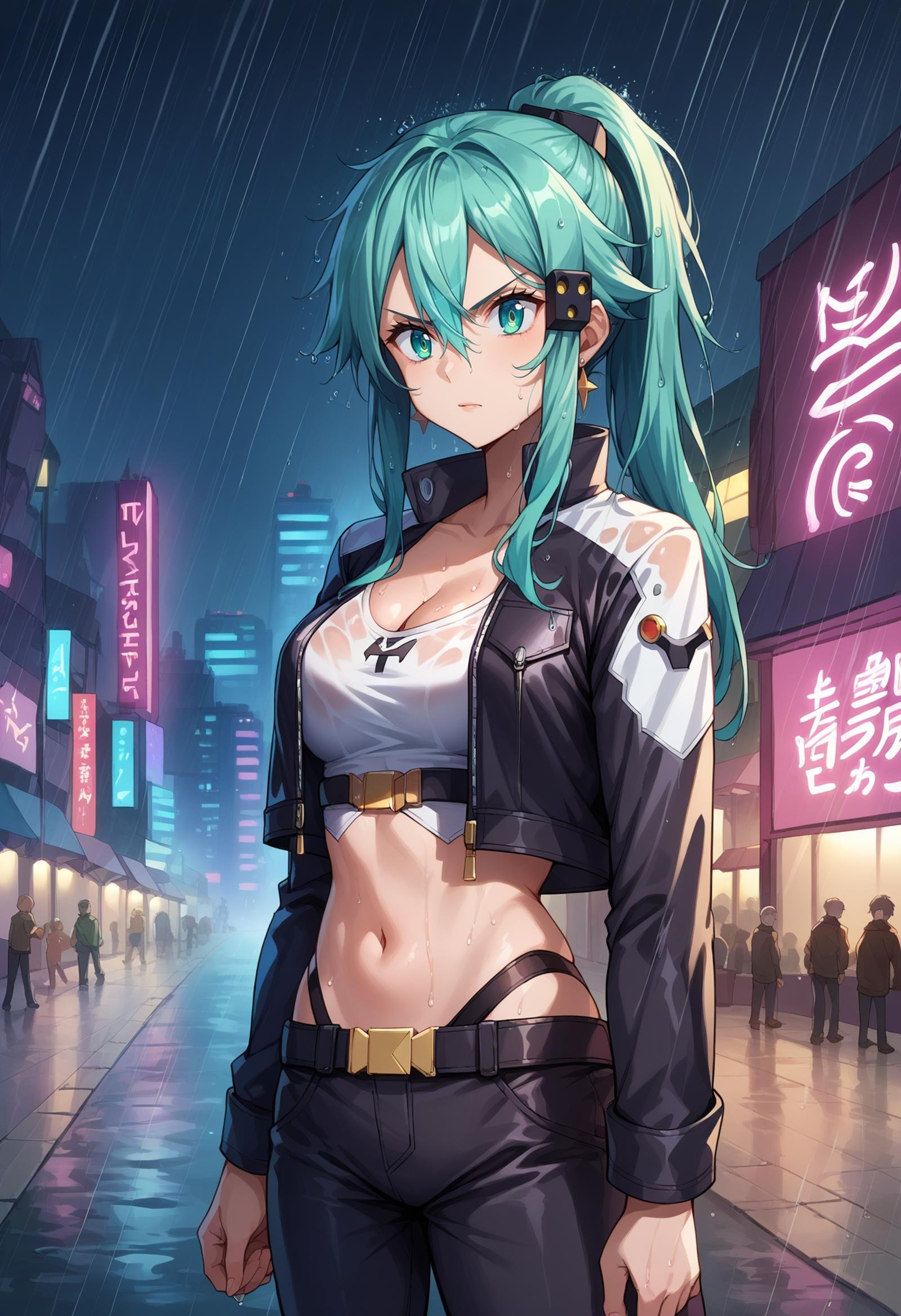 score_9, score_8_up,score_7_up, source_anime, 1girl, <lora:EPsoaSinonPony_epoch_4:1.0>, EPsoaSinon, long hair, ponytail, aqua hair, hair between eyes,  biker clothes, long sleeves, black jacket, jewelry, earrings, midriff, outdoors, night market, night, dark, neon lights, (rain), cleavage, building, cyberpunk, power lines, wet clothes, wet, wet hair, determined, crowd