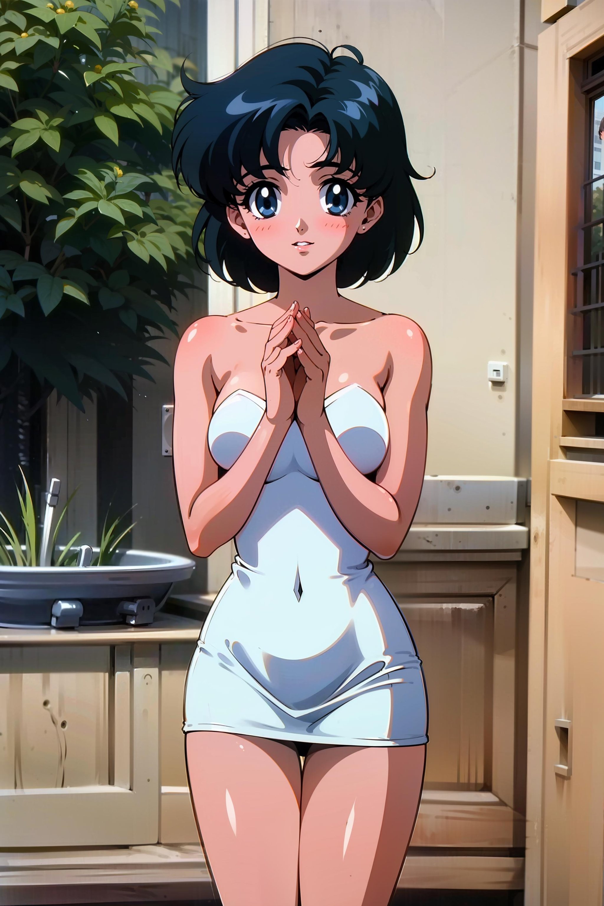 (masterpiece), 1girl, solo, perfect sexy female body, anime screencap,1990s \(style\), (art by Naoko Takeuchi),BREAKprofessional photograph, head out of frame, floating island, dusk, own hands together, wavy mouthBREAKshort hair, blue hair, wet hair, blue eyes, small breasts, <lora:EPsmSailorMercury-07:0.7>, EPsmSailorMercury, perfect lipsBREAKArchitectural one-shoulder mini dress with exaggerated flounce