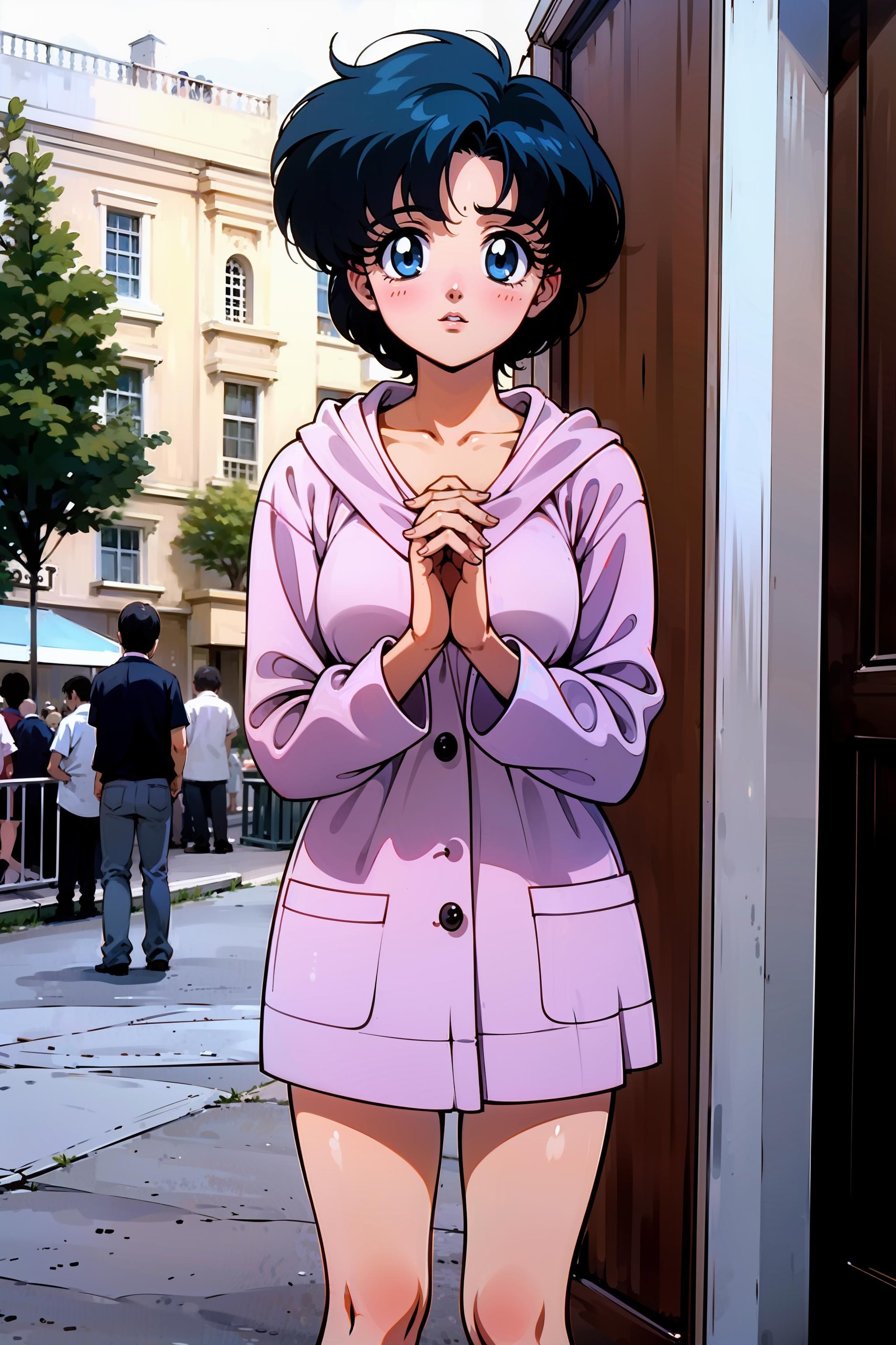 (masterpiece), 1girl, solo, perfect sexy female body, anime screencap,1990s \(style\), (art by Naoko Takeuchi),BREAKprofessional photograph, light and shadow, disneyland, evening, own hands together, sadBREAKshort hair, blue hair, wet hair, blue eyes, small breasts, <lora:EPsmSailorMercury-07:0.7>, EPsmSailorMercury, perfect lipsBREAKLongline cardigan with side slits and a hood