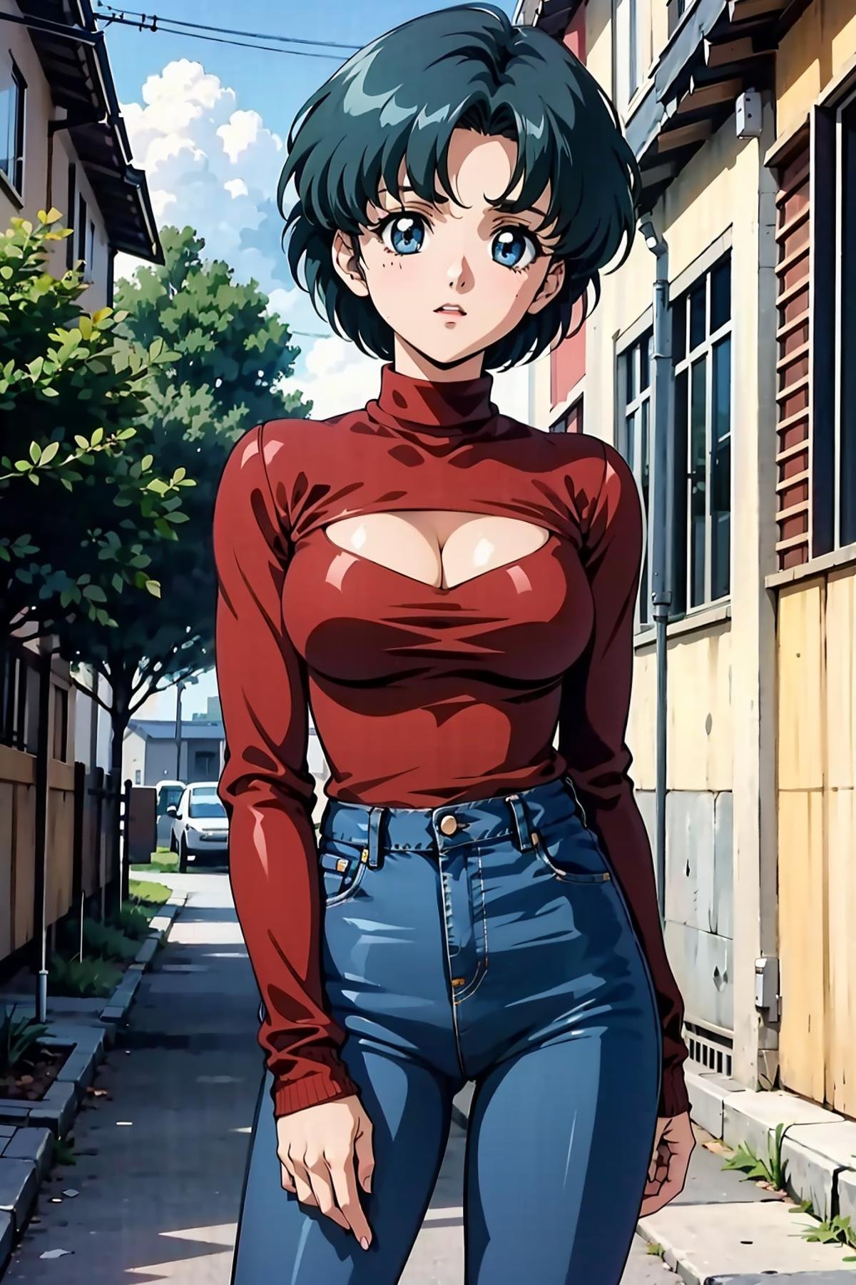 masterpiece, best quality, 1girl, solo, looking at viewer, anime screencap,1990s \(style\), street, house, cowboy shot,  <lora:EPsmSailorMercury-07:0.7>, EPsmSailorMercury, short hair, blue hair, blue eyes,BREAKred sweater, turtleneck, cleavage cutout, cleavage, sweater tucked in, jeans