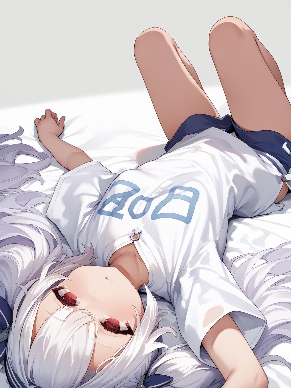 <lora:laffey_ii_pony_v1.0:0.8>,laffey_ii \(azur lane\),  white hair, red eyes, ,half-closed eyes,white oversized shirt, short sleeves,looking up, on back, from behind, knee up,, score_9, score_8_up, score_7_up, source_anime,