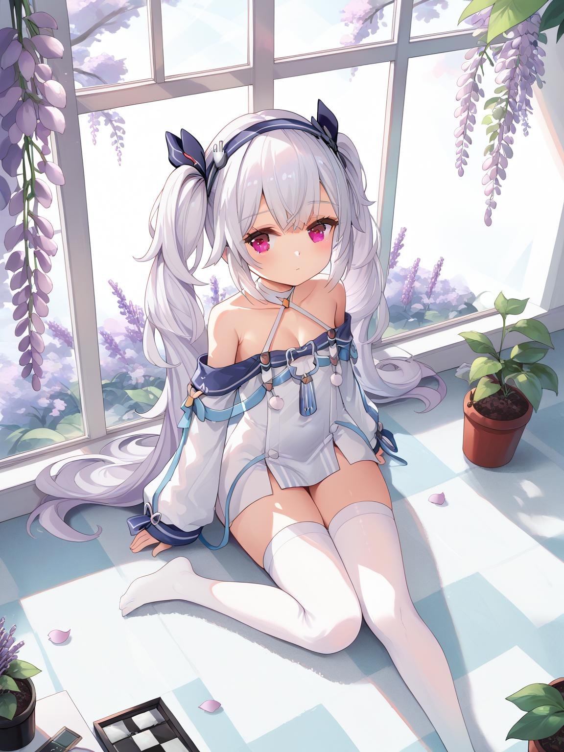 <lora:laffey_ii_pony_v1.0:0.8>,laffey_ii \(azur lane\), white hair, red eyes, hairband, long sleeves, halterneck, white dress, white thighhighs,sitting, yokozuwari,from above, floor-to-ceiling windows,wisteria,petals,glass floor,greenhouse, score_9, score_8_up, score_7_up, source_anime,