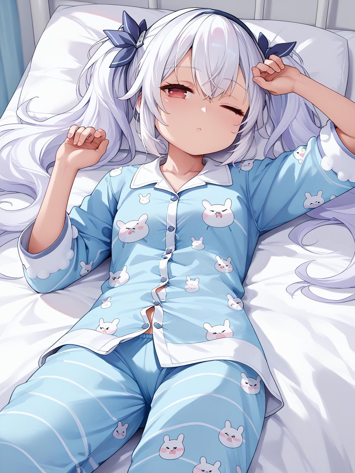 <lora:laffey_ii_pony_v1.0:0.8>,laffey_ii \(azur lane\), twintails,white hair, red eyes, ,half-closed eyes,pajamas, rubbing eyes,on bed, one eye closed,lying,, score_9, score_8_up, score_7_up, source_anime,