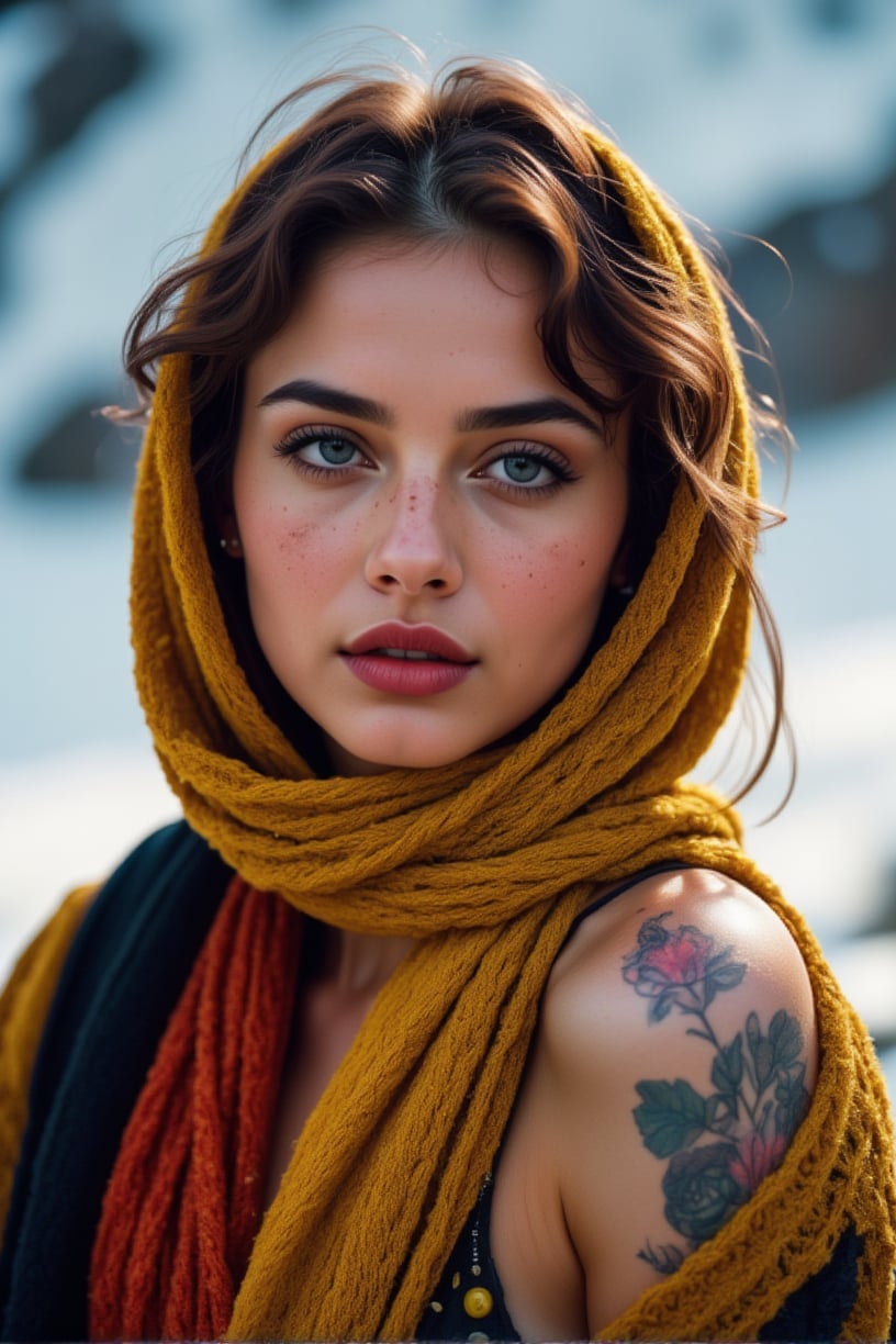 A high-resolution photograph of a woman with striking blue eyes and freckles, adorned in a vibrant mustard yellow headscarf with intricate floral patterns. The scarf wraps around her head and neck, adding warmth and color to the scene. Her auburn hair peeks out slightly, and she has a beautiful floral tattoo on her shoulder, which is partially visible beneath a textured, woolen garment. The background is a snowy, winter landscape with a soft, blurred effect that emphasizes the subject. The lighting is natural and soft, enhancing her delicate features and the rich colors of her attire. The overall mood is serene and captivating, blending elements of cultural richness and natural beauty.
