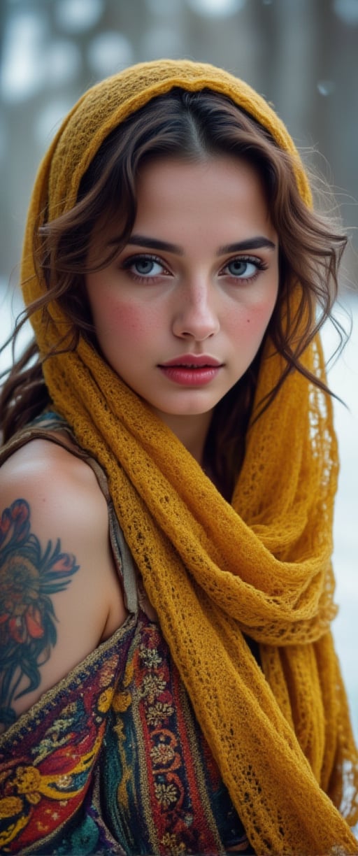 A high-resolution photograph of a woman with striking blue eyes and freckles, adorned in a vibrant mustard yellow headscarf with intricate floral patterns. The scarf wraps around her head and neck, adding warmth and color to the scene. Her auburn hair peeks out slightly, and she has a beautiful floral tattoo on her shoulder, which is partially visible beneath a textured, woolen garment. The background is a snowy, winter landscape with a soft, blurred effect that emphasizes the subject. The lighting is natural and soft, enhancing her delicate features and the rich colors of her attire. The overall mood is serene and captivating, blending elements of cultural richness and natural beauty.
