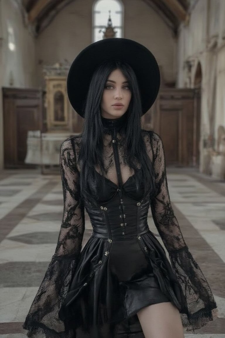 cinematic photo, HQ photography, (((realistic photo))),Cute black-haired brittish girl, standing in an abandoned church, skinny body, violet eyes, corset dress, lace gloves, wide brim hat, gothic-chic_style,aidmaNSWFunlock