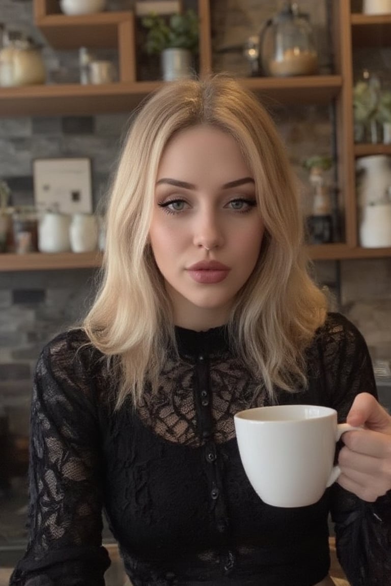 cinematic photo, HQ photography, (((realistic photo))),Cute blonde Norwegian girl having a cup of coffee in a café,gothic-chic_style,aidmaNSWFunlock