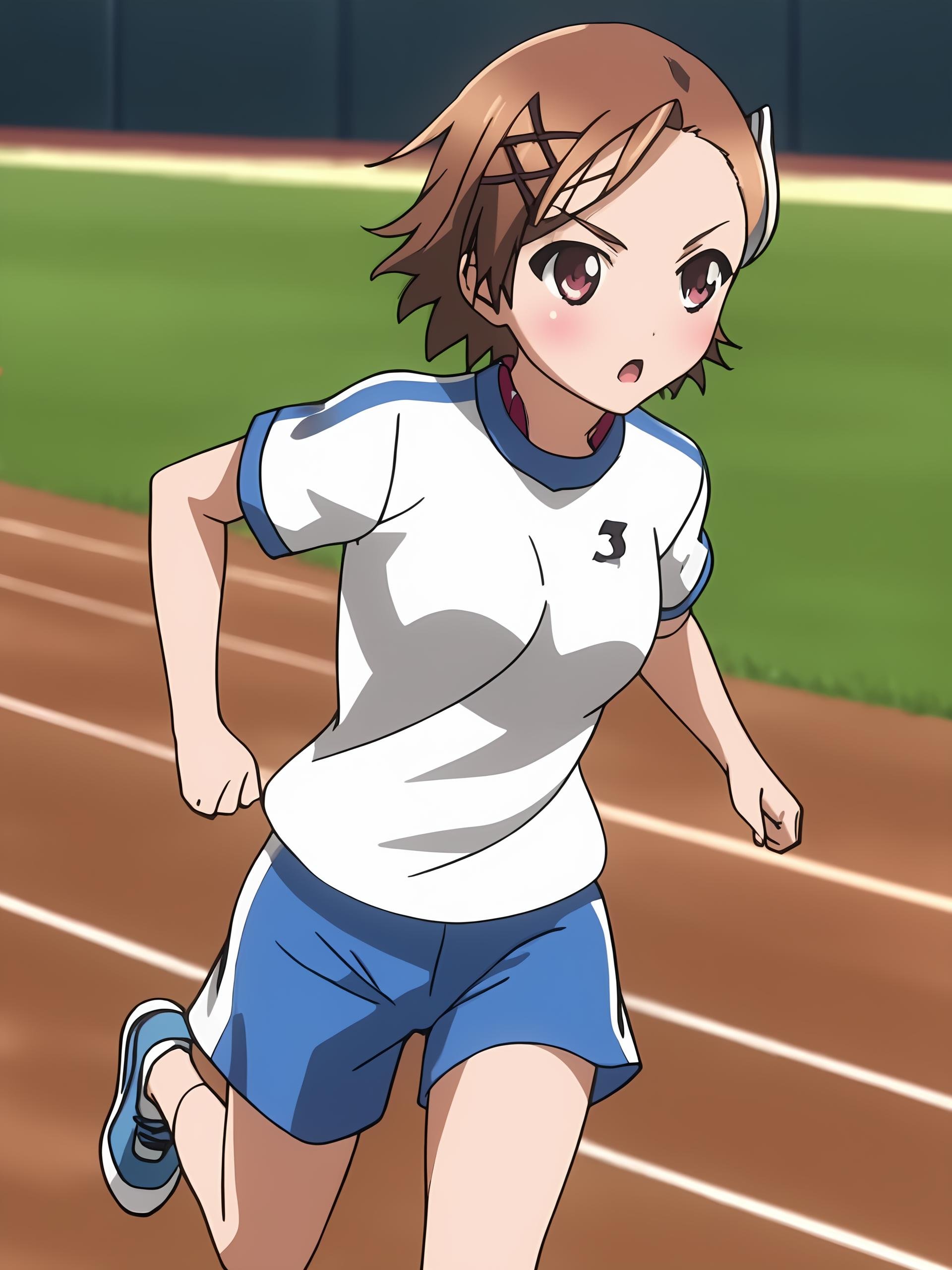 score_9, score_8_up, score_7_up, source_anime,anime screencap,anime coloring, official style, uncensored, perfect quality, masterpiece, on a track and field running track, <lora:Kurashima_Chiyuri:.8>1girl, solo, Kurashima Chiyuri, Brown hair, short hair, medium breasts, Gym uniform, blue gym shorts, white shirt, gym uniform, (girl running really fast), motion lines, motion blur